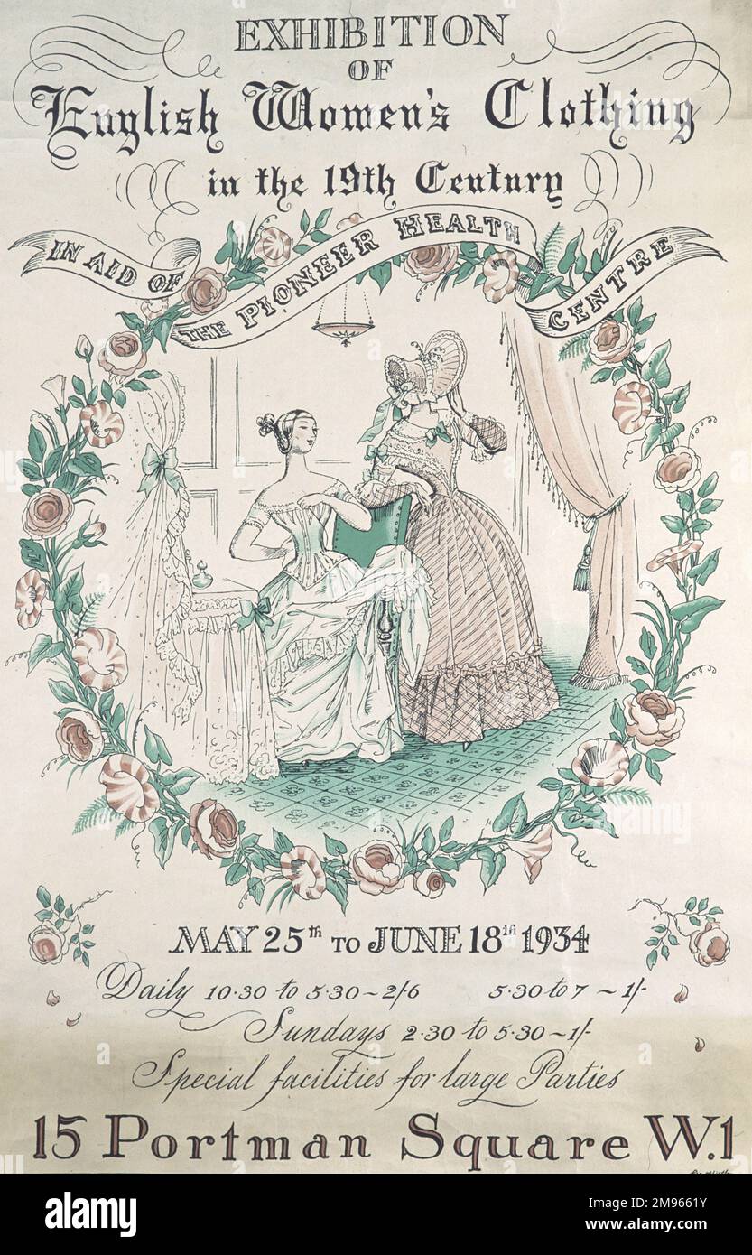 A poster advertising an exhibition of 19th century women's clothing at Portman Square, London in 1934 in aid of the Pioneer Health Centre. Stock Photo