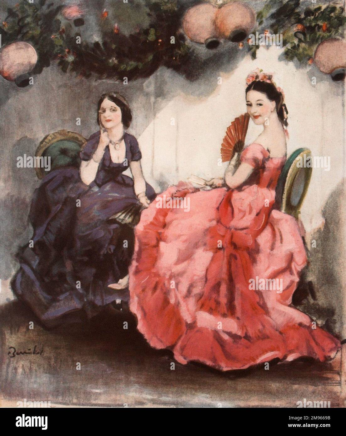 Painting by William Barribal (1873-1956) showing two Victorian coquettes wearing crinolines and gazing seductively at the viewer. Stock Photo