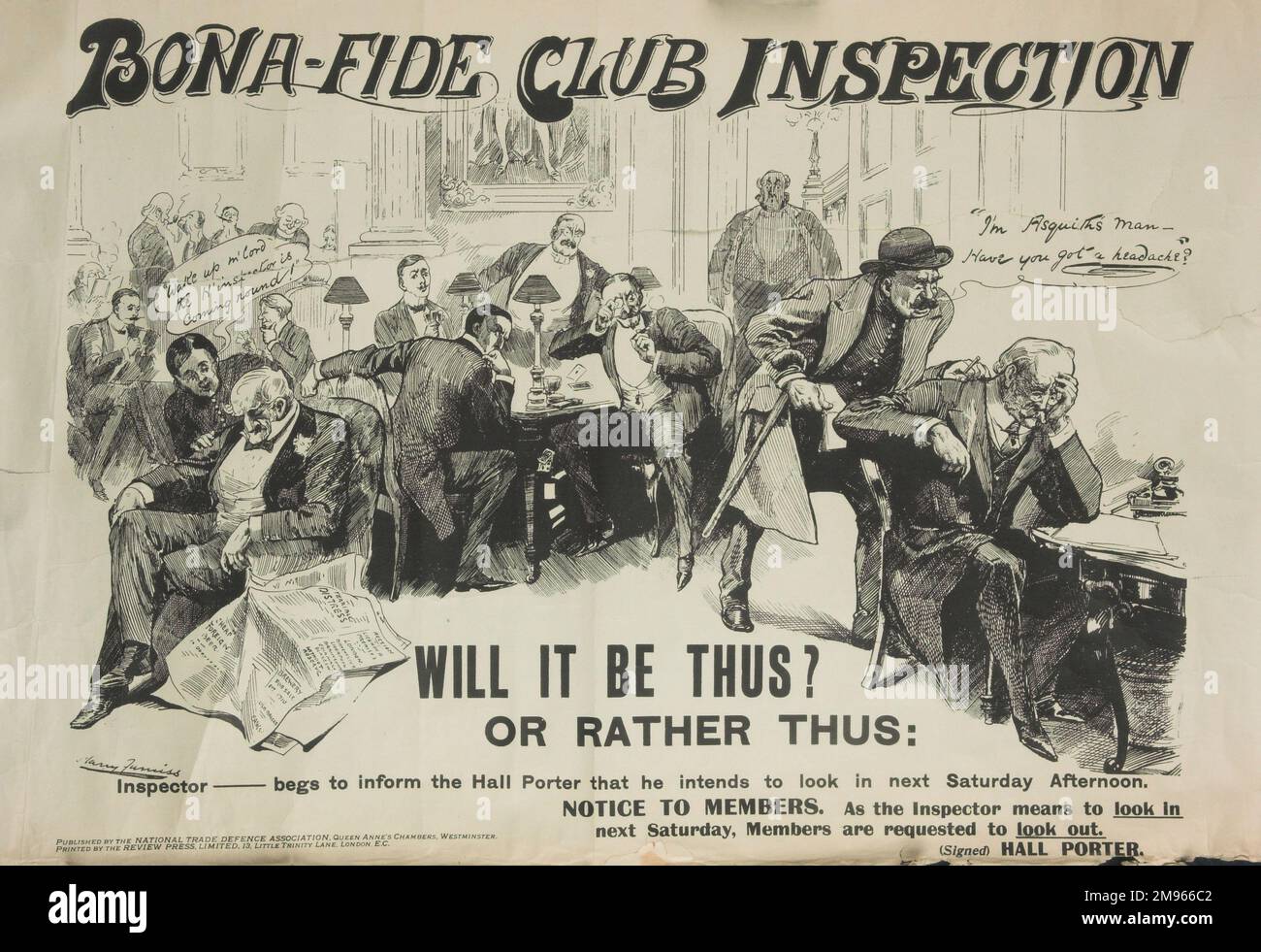The Licensing Bill of 1908 sought to reduce the number of licensed premises. While pubs faced closures, private members' clubs were largely exempt, although this cartoon here suggests that undercover policemen were likely to infiltrate the clubs. Stock Photo