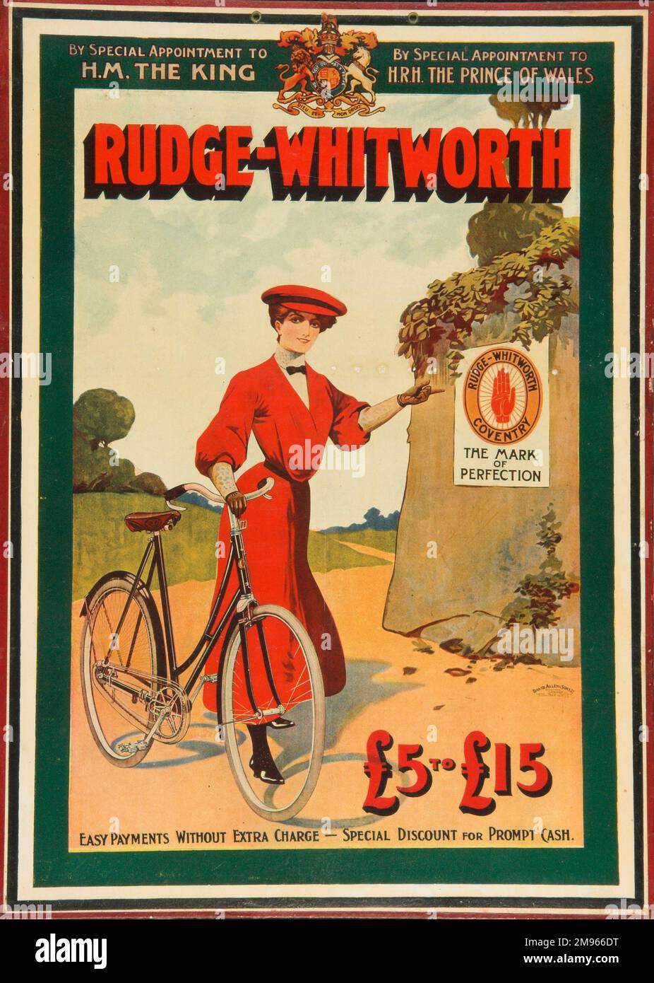 A brightly coloured advertising card for Rudge-Whitworth bicycle company based in Coventry. Stock Photo