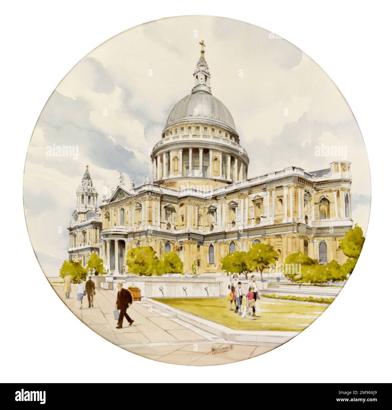 A painting by Malcolm Greensmith of St Paul's Cathedral. This fine example of post-medieval architecture, built following the destruction of the medieval church in the Great Fire of 1666, was designed by Sir Christopher Wren. Stock Photo