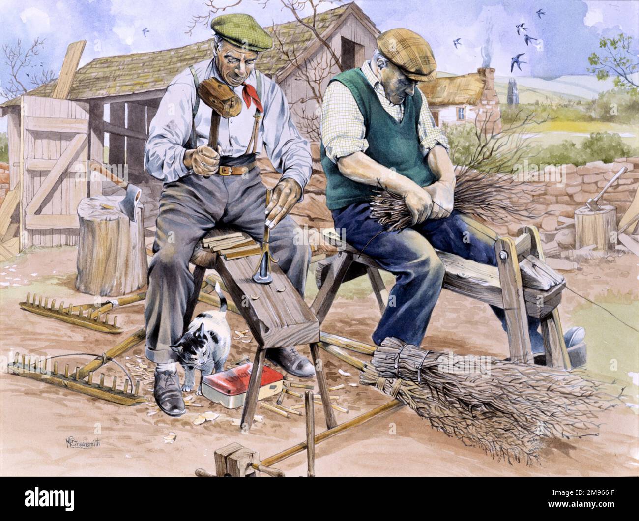 Two craftsmen sit on narrow benches, making besom brooms and wooden rakes. Painting by Malcolm Greensmith Stock Photo