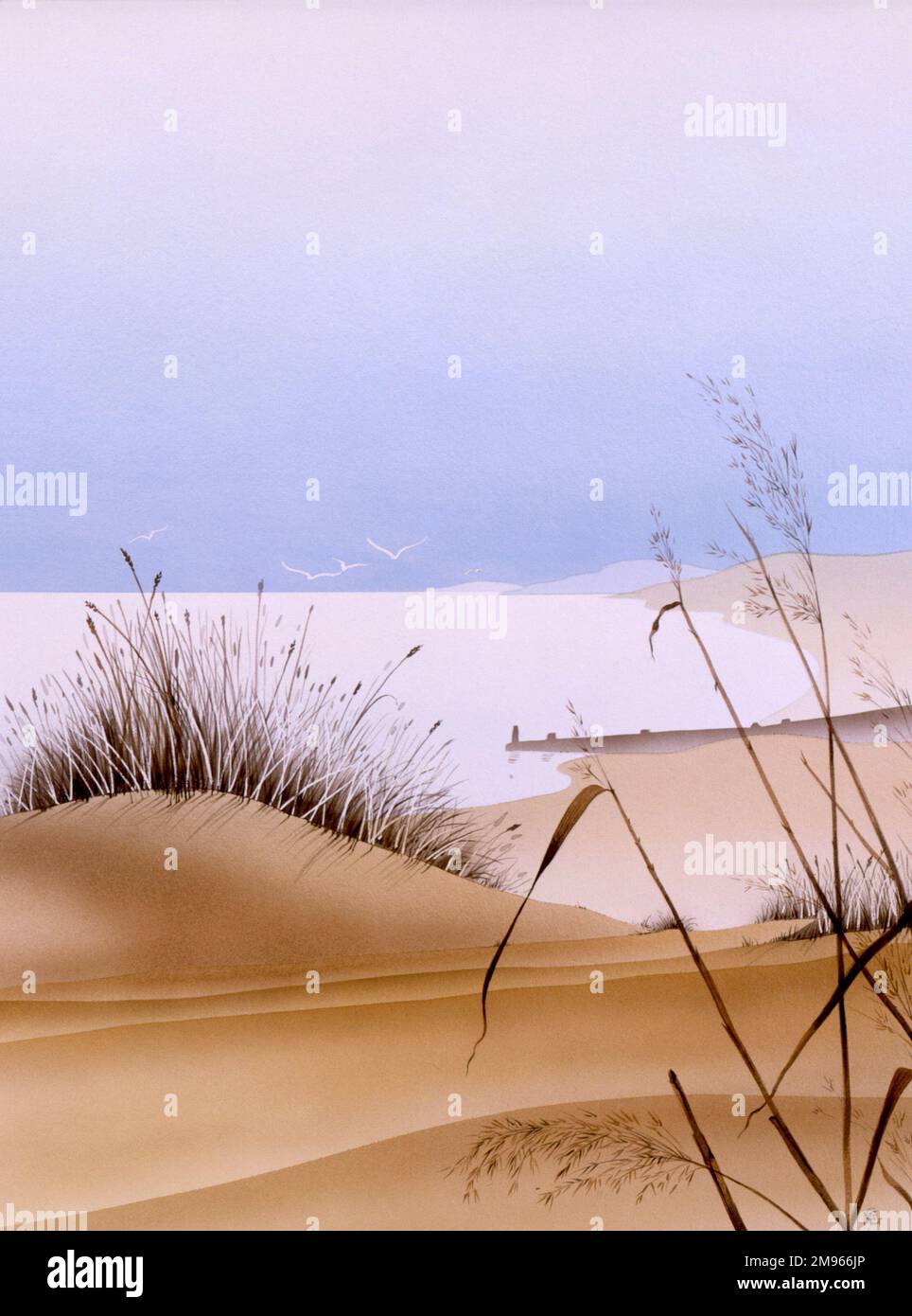 A view toward the dune grass toward the sea. Airbrush painting by Malcolm Greensmith. Stock Photo