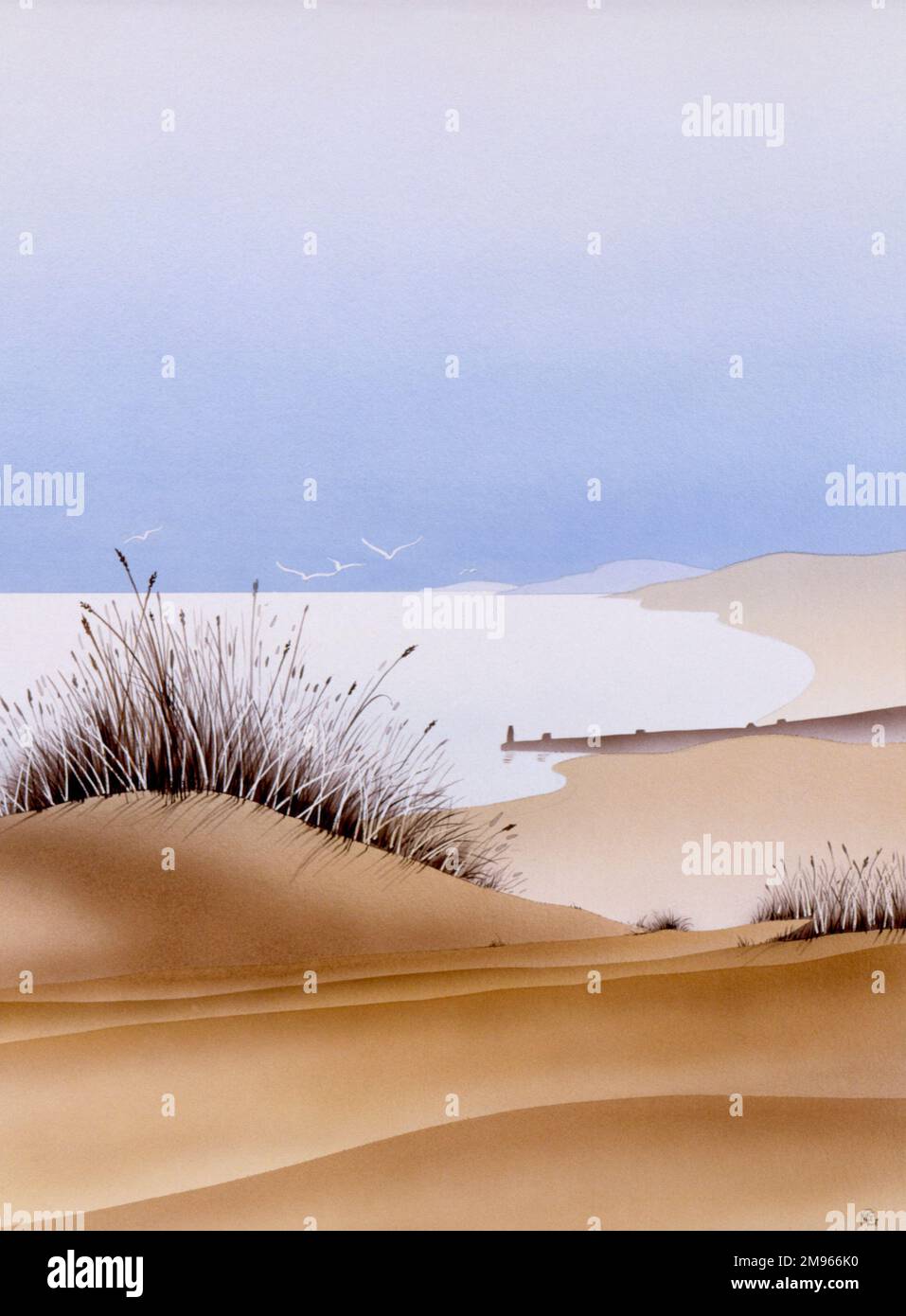 A view across the dunes toward the sea. Airbrush painting by Malcolm Greensmith. Stock Photo