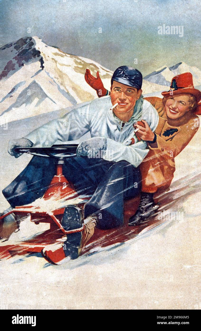 Illustration showing a couple zooming through the snow on a snow mobile. Stock Photo