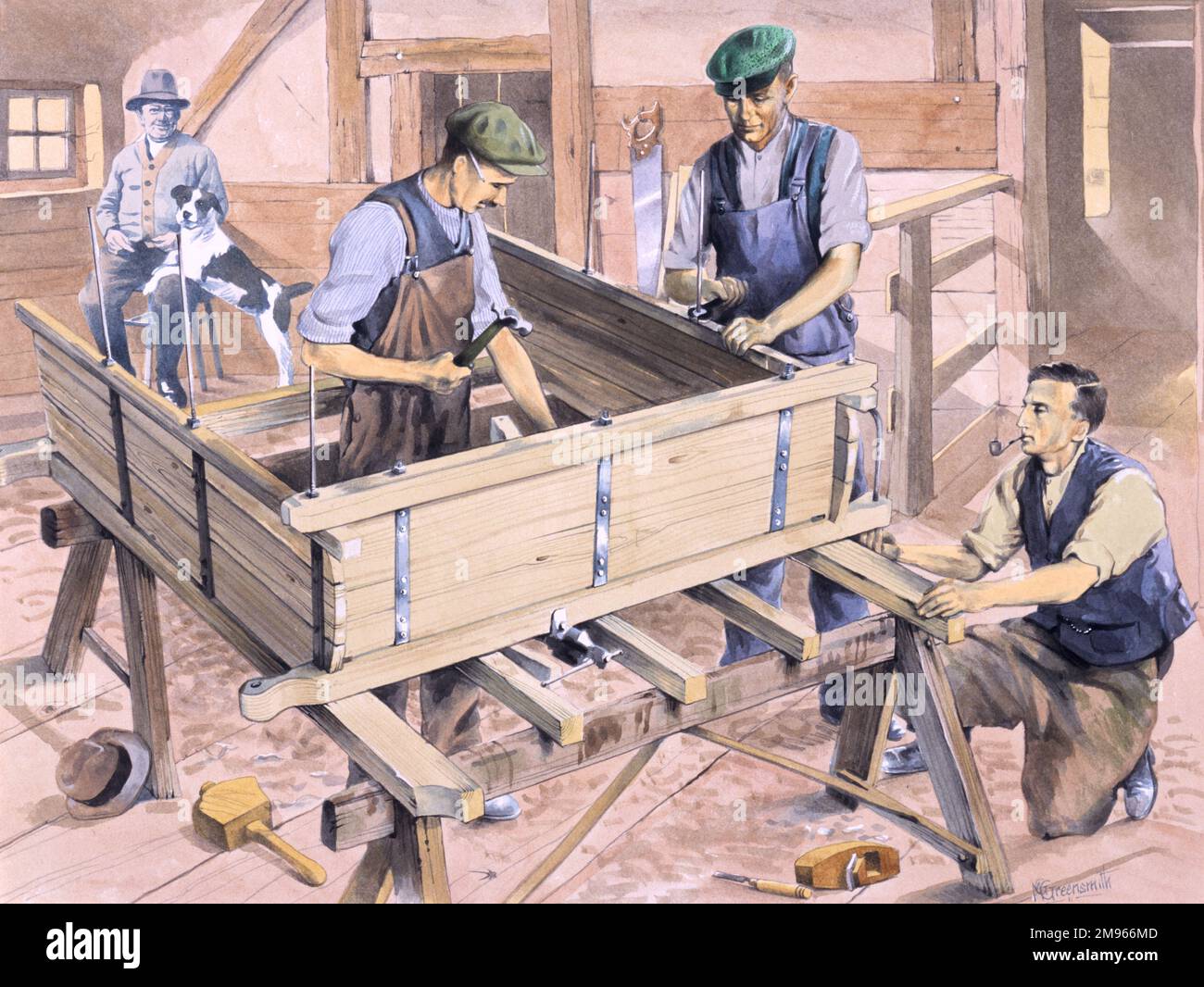 Three carpenters working on a wooden wagon, using traditional tools and techniques. Painting by Malcolm Greensmith Stock Photo