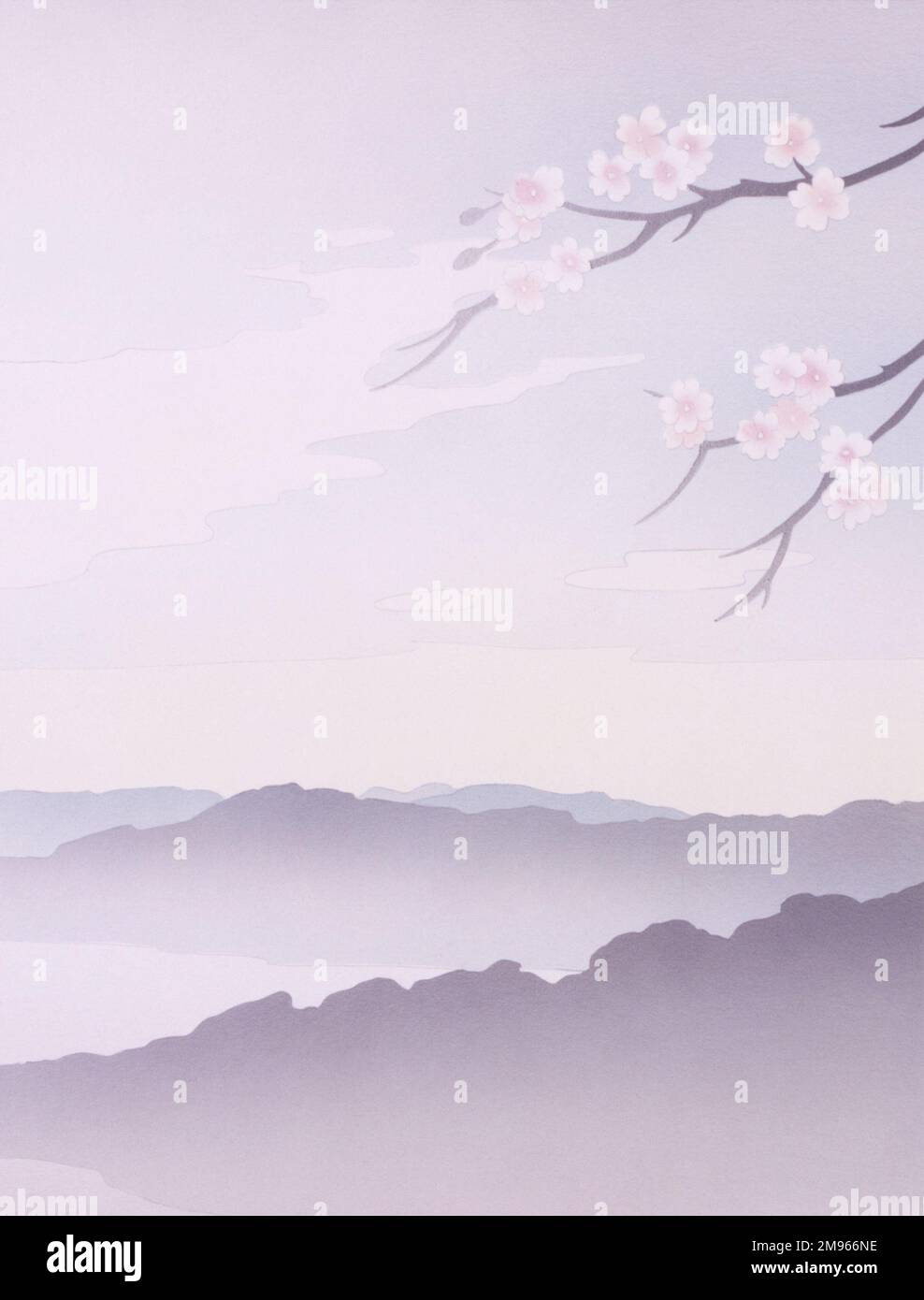 Cherry blossom branches overhang a misty fantasy landscape of soft hills, mountains and lakes. The right side of a Diptych painting by Malcolm Greensmith Stock Photo