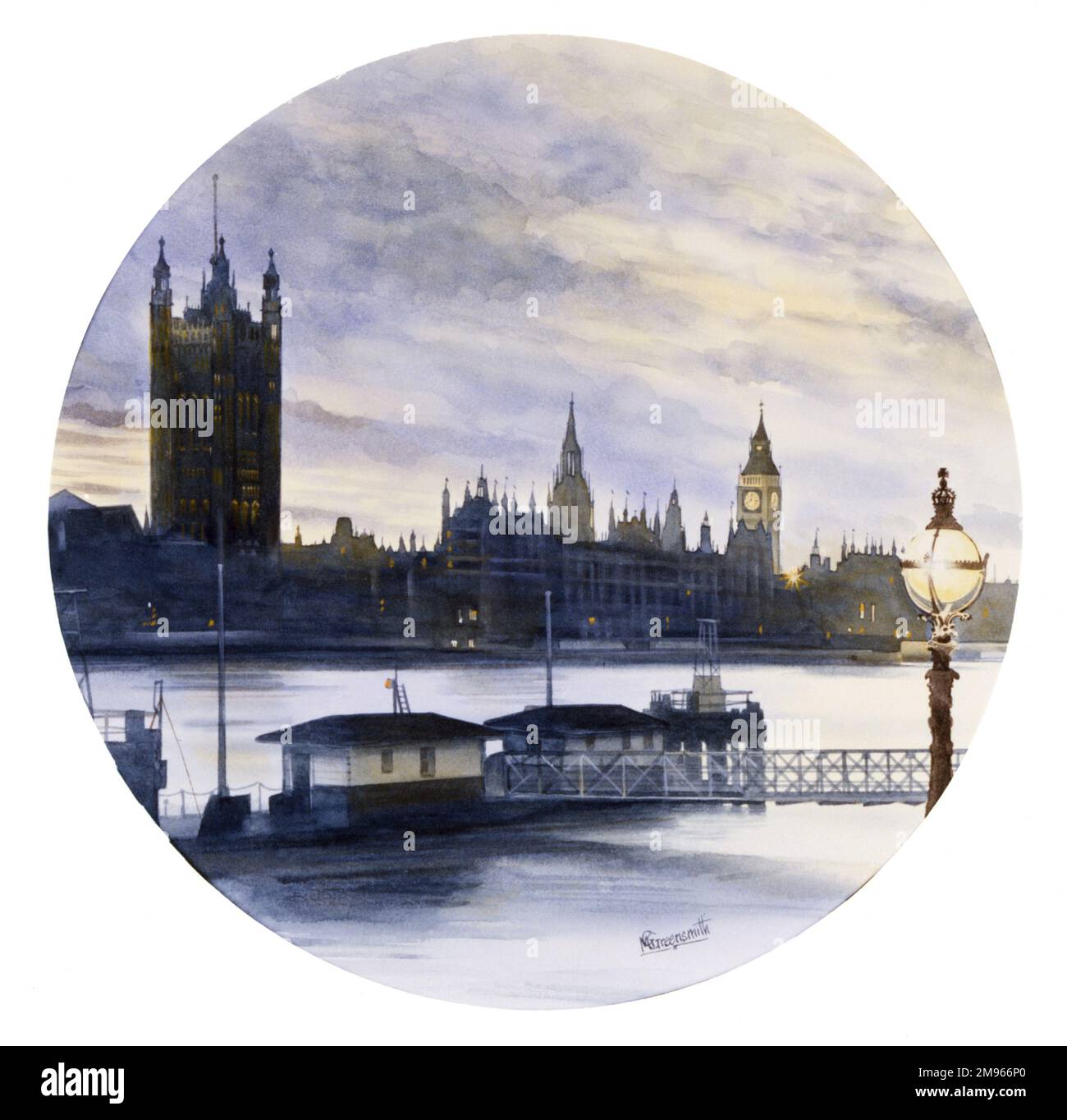 A view toward the Houses of Parliament from the southern bank of the River Thames in London. Painting by Malcolm Greensmith Stock Photo