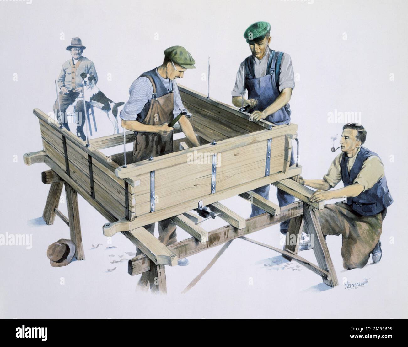 Three carpenters make a cart under the watchful gaze of an elder craftsman or the intended recipent of the cart. Watercolour Painting by Malcolm Greensmith Stock Photo