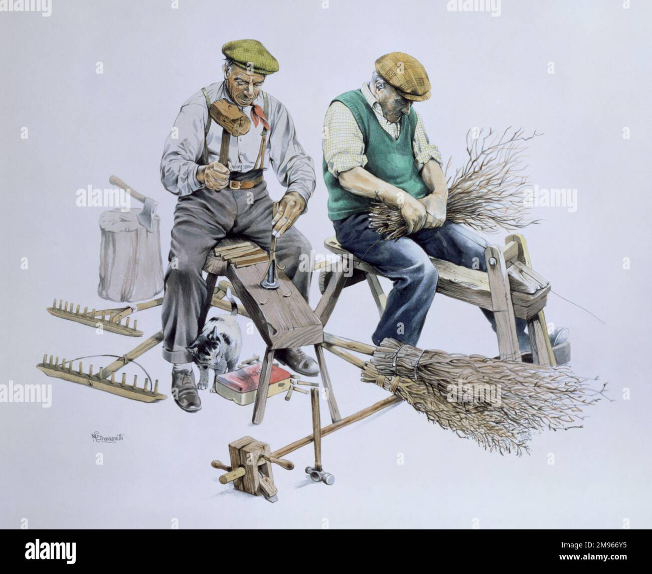 Two craftsmen sit on narrow benches, making besom brooms and wooden rakes. Painting by Malcolm Greensmith Stock Photo