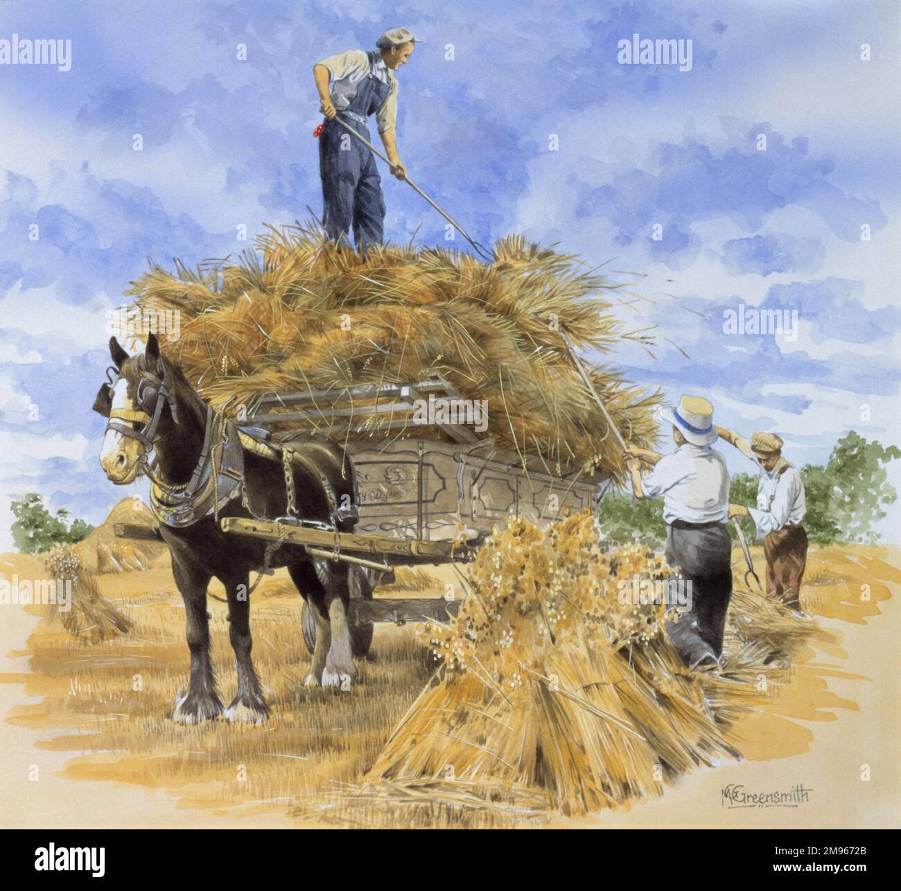 Collecting bales of hay in a horsedrawn wooden wagon. Painting by