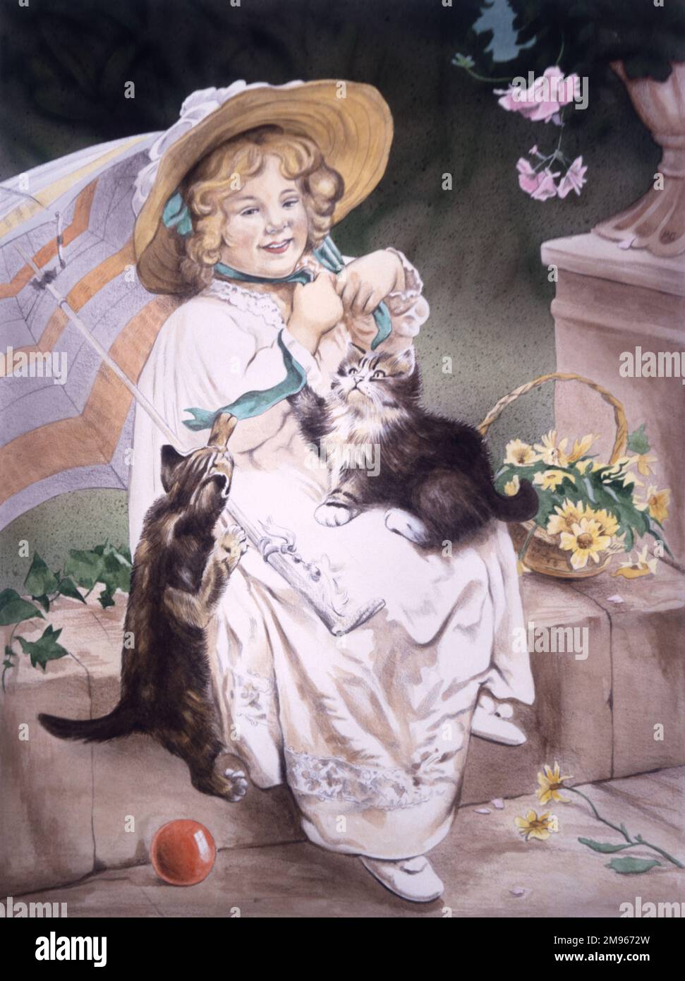 A Victorian era girl with bonnet and parasol sits on a low wall and plays with her two kittens in a break from a walk to pick flowers. Painting by Malcolm Greensmith Stock Photo