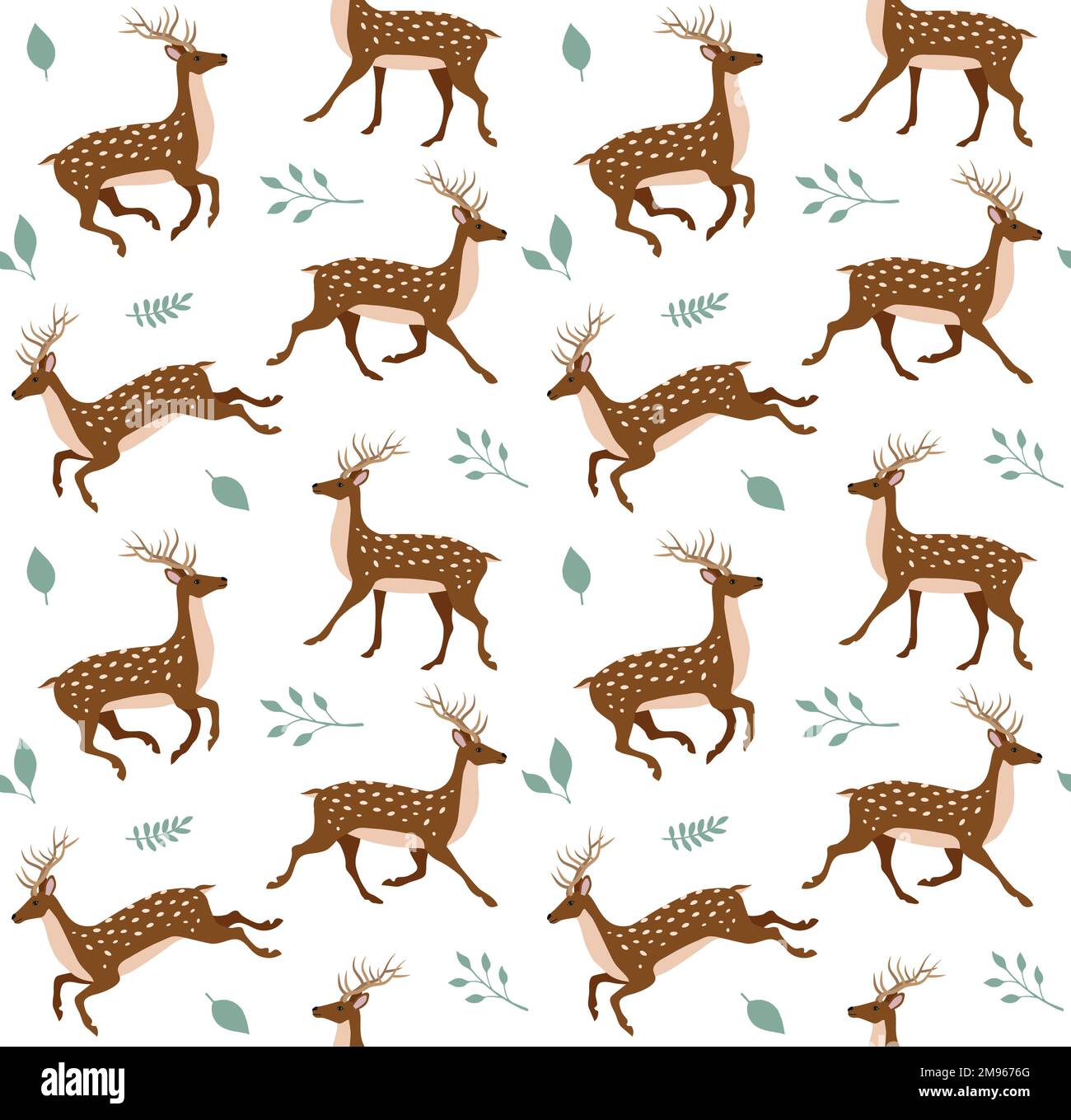 Vector seamless pattern of flat hand drawn deer and leaves isolated on ...