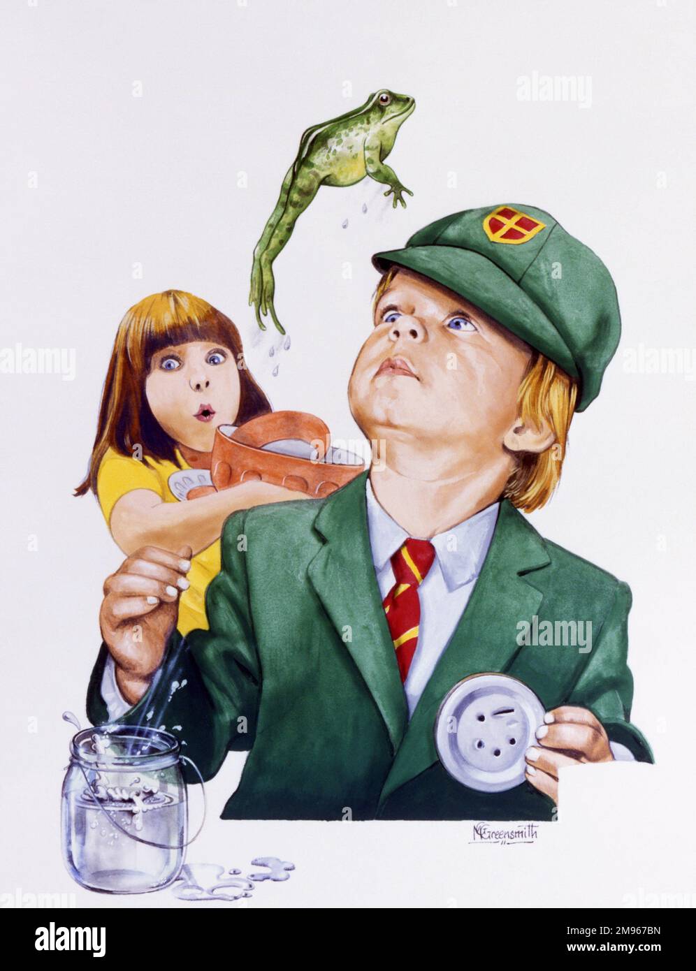 A young schoolboy in his full school uniform get a nasty surprise when the frog he has captured makes a daring bid for freedom, leaping out and away as soon as the airhole-added lid has been lifted. The girl in the background looks in danger of dropping the tottering pile of crockery in her arms! Watercolour painting by Malcolm Greensmith Stock Photo