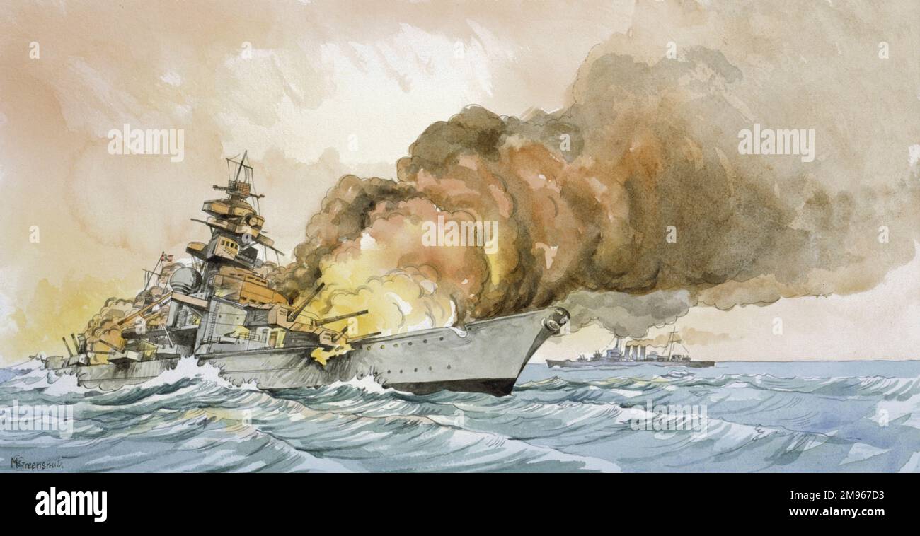 The sinking of the German Battleship Bismarck. In response to sinking the HMS Hood, British Prime Minister Winston Churchill issued the order to 'Sink the Bismarck', spurring a relentless pursuit by the Royal Navy. Two days later, with Bismarck almost in reach of safer waters, Fleet Air Arm aircraft torpedoed the ship and jammed her rudder, allowing heavy British units to catch up with her. In the ensuing battle on the morning of 27 May 1941, Bismarck was heavily attacked for nearly three hours before sinking. Painting by Malcolm Greensmith Stock Photo