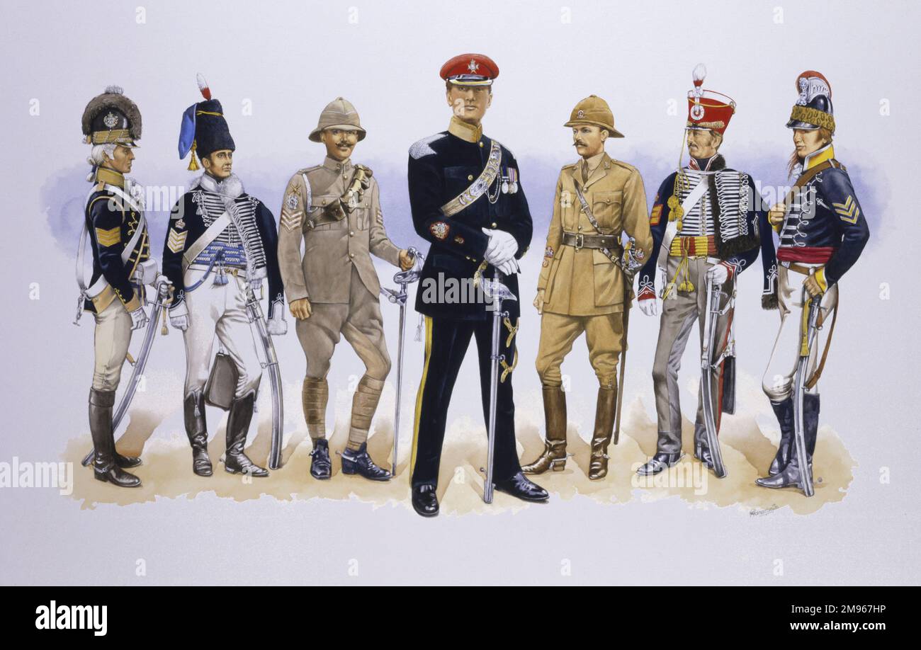 The evolving uniform of The Light Dragoons. From Left - 13th Light Dragoons 1790, 18th Light Dragoons 1810, 13th/18th Royal Hussars (Queen Mary's Own) 1930, The Light Dragoons 1st December 1992, 15th/19th King's Royal Hussars 1930, 15th Light Dragoons 1815 and the 19th Light Dragoons 1790. Painting by Malcolm Greensmith Stock Photo