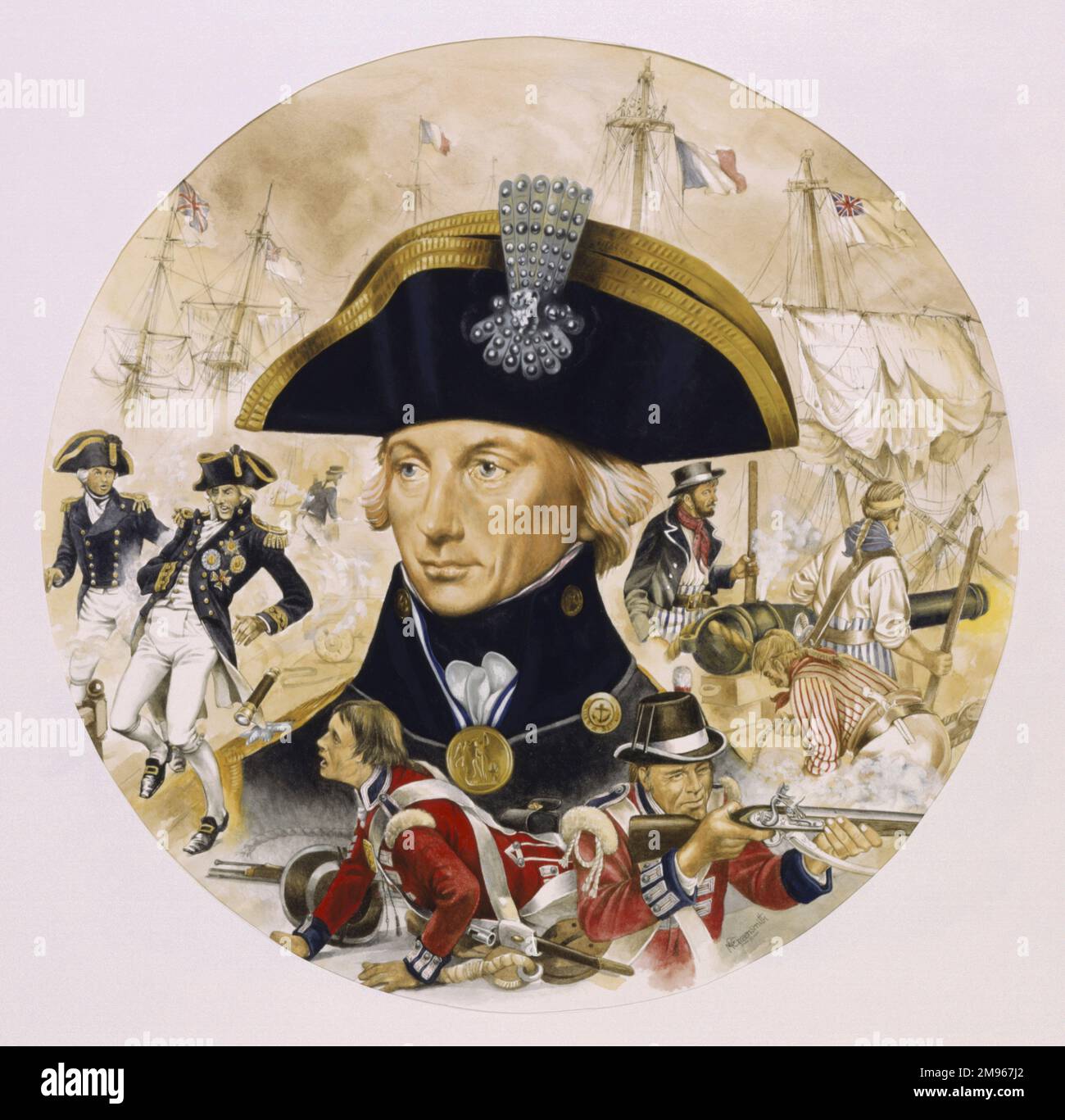 Circular portrait of legendary British naval commander Horatio, Lord Nelson (1758 - 1805) surrounded by scenes depicting his death on the deck of the flagship HMS Victory and fighting during the Battle of Trafalgar. Painting by Malcolm Greensmith Stock Photo