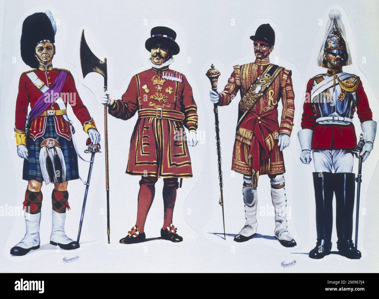 (Left to right) Officer from the Gordon Highlanders - A Yeoman Warder of the Tower of London (Yeoman Gaoler) - Drum Major from The Grenadier Guards - Corporal from The Life Guards. Painting by Malcolm Greensmith Stock Photo