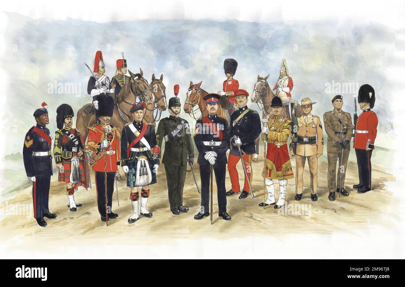 A painting by Malcolm Greensmith to celebrate Queen Elizabeth II's Golden Jubilee in 2002, depicting members of a number of different regiments in the British Army. Stock Photo