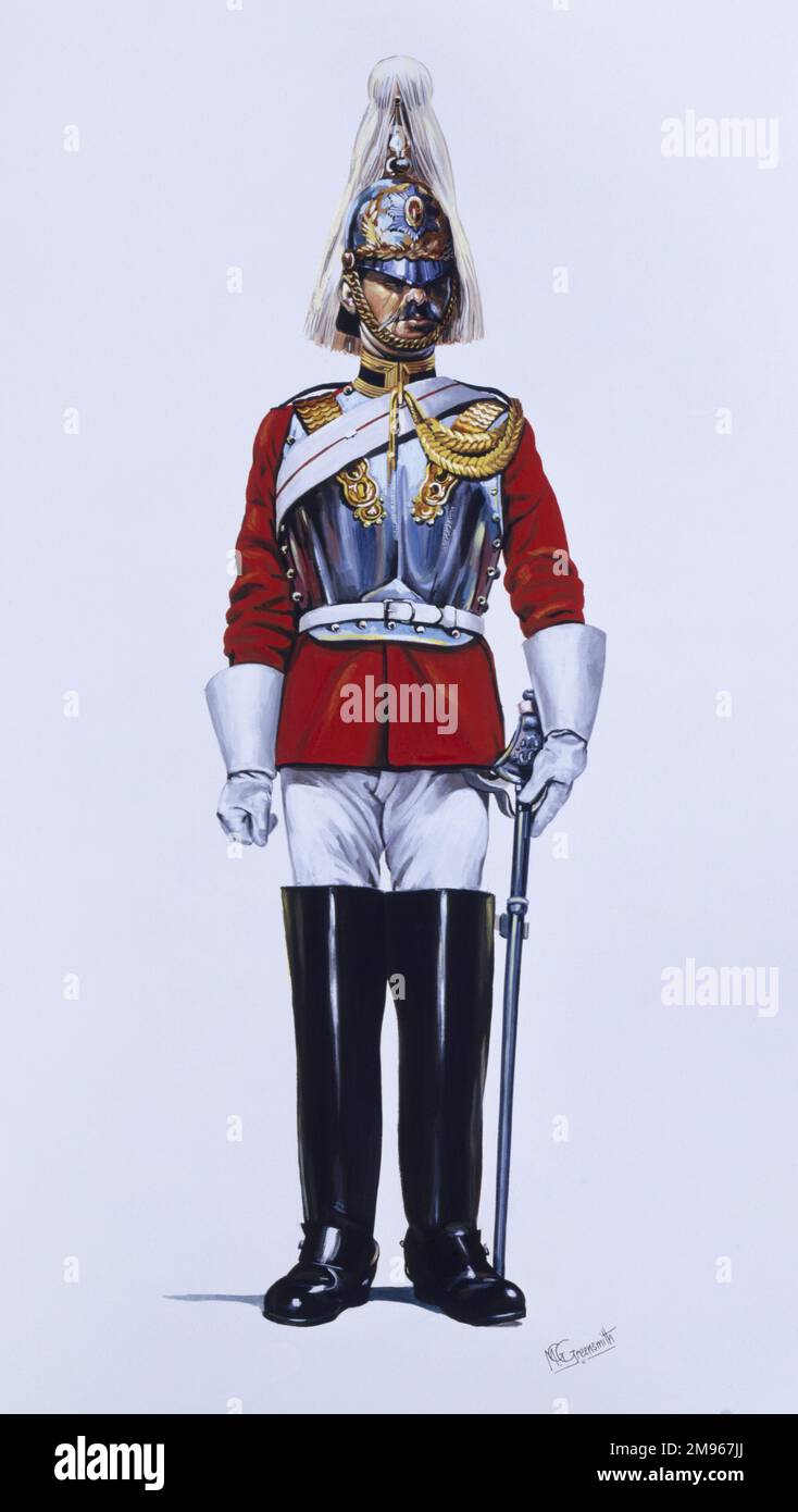 A Lance Corporal of the Life Guards (Mounted Review Order). Painting by Malcolm Greensmith Stock Photo