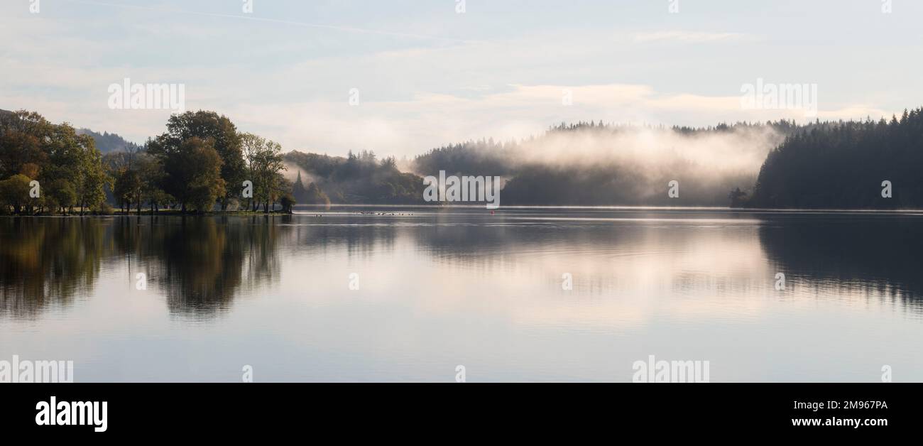 Misty morning on Loch Ard, from Kinlochard, Loch Lomand and Trossachs National Park, Scotland Stock Photo