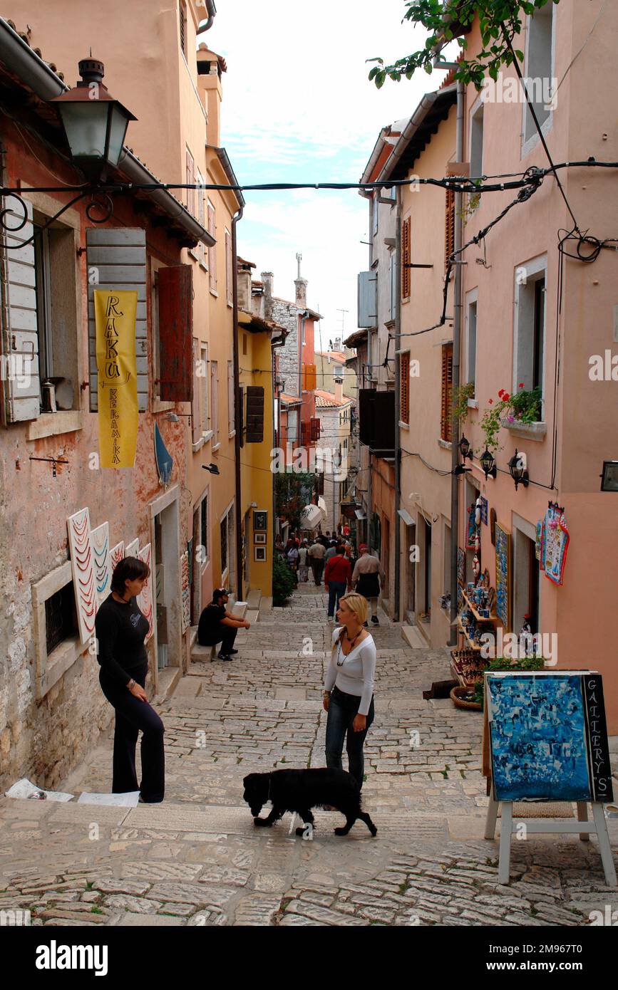 A narrow street in the old part of Rovinj, on the western coast of Istria, Croatia. Stock Photo