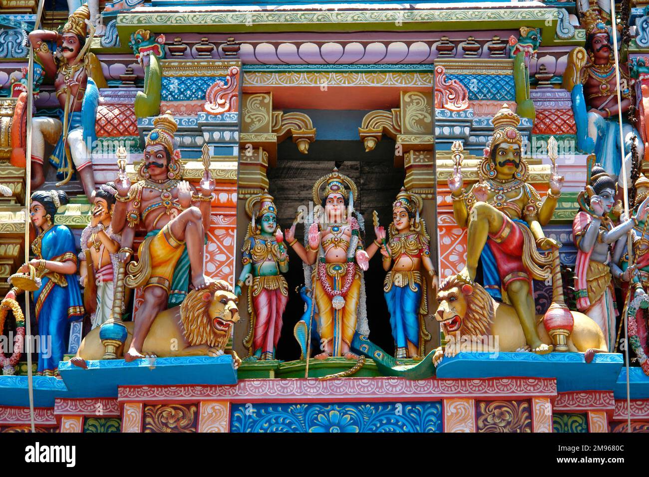 Sculptures at the Sri Sivasubramaniya Swamy Temple in Colombo, Sri Lanka -- a venue for the annual Hindu Vel Festival. Stock Photo