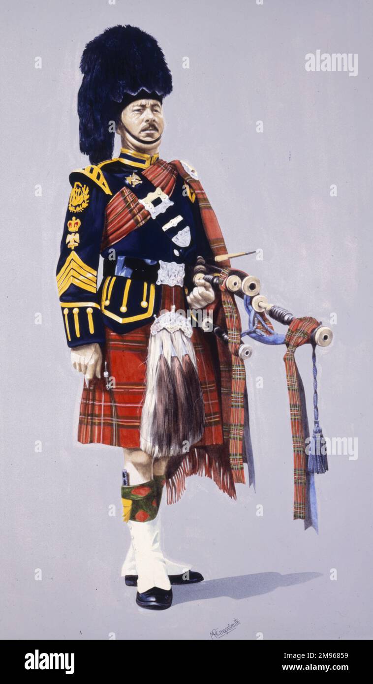 Pipe Major of the Royal Scots Dragoon Guards (Carabiniers and Greys) in Full ceremonial dress. Painting by Malcolm Greensmith Stock Photo