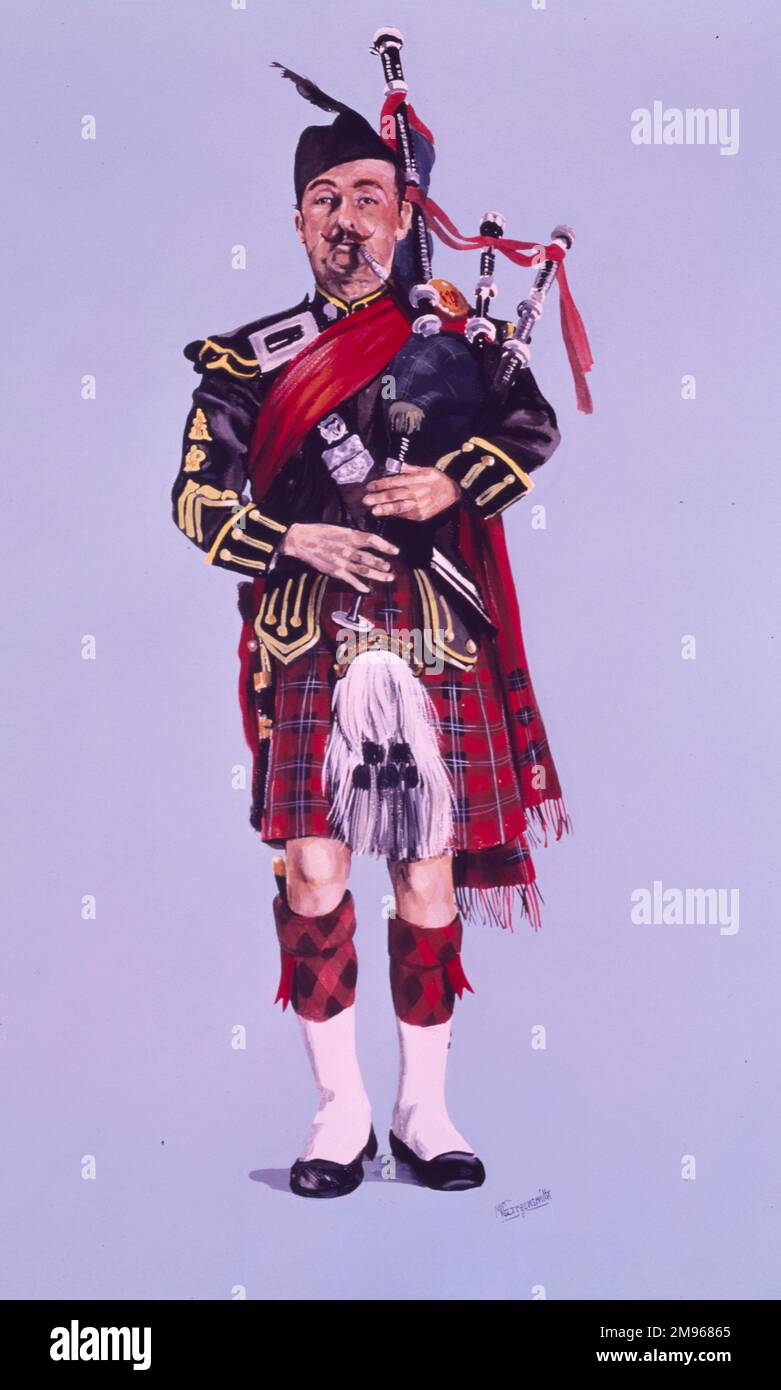 Pipe Major of the Queen's Own Highlanders (1961) in Full Dress. Formed by an amalgamation of the Seaforth and Camerons regiments. Painting by Malcolm Greensmith Stock Photo