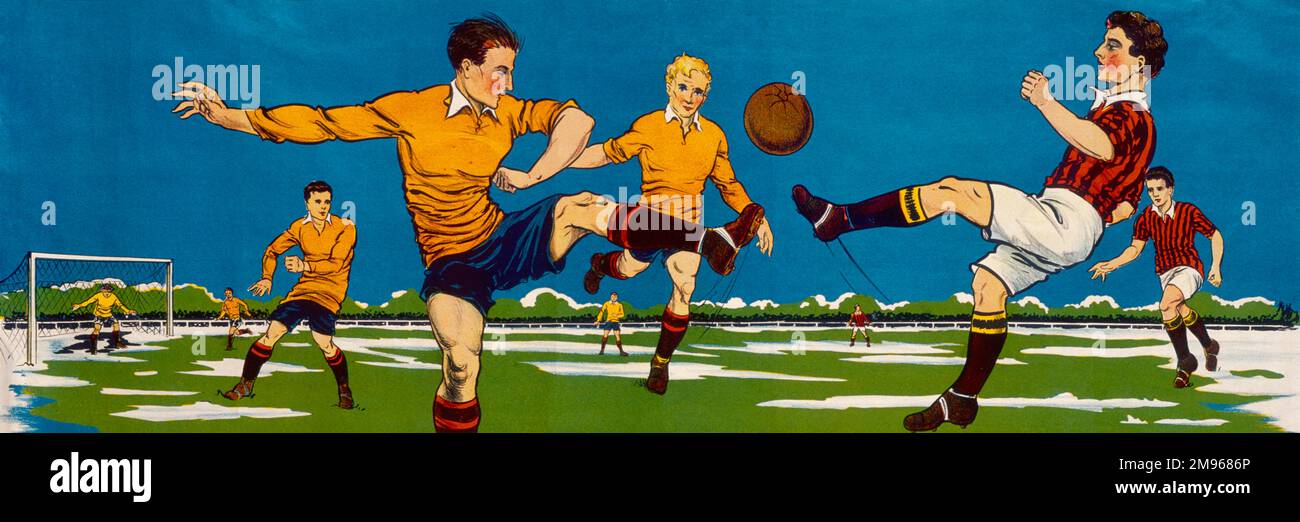 A decorative wall frieze showing some sturdy footballers playing a match. Stock Photo