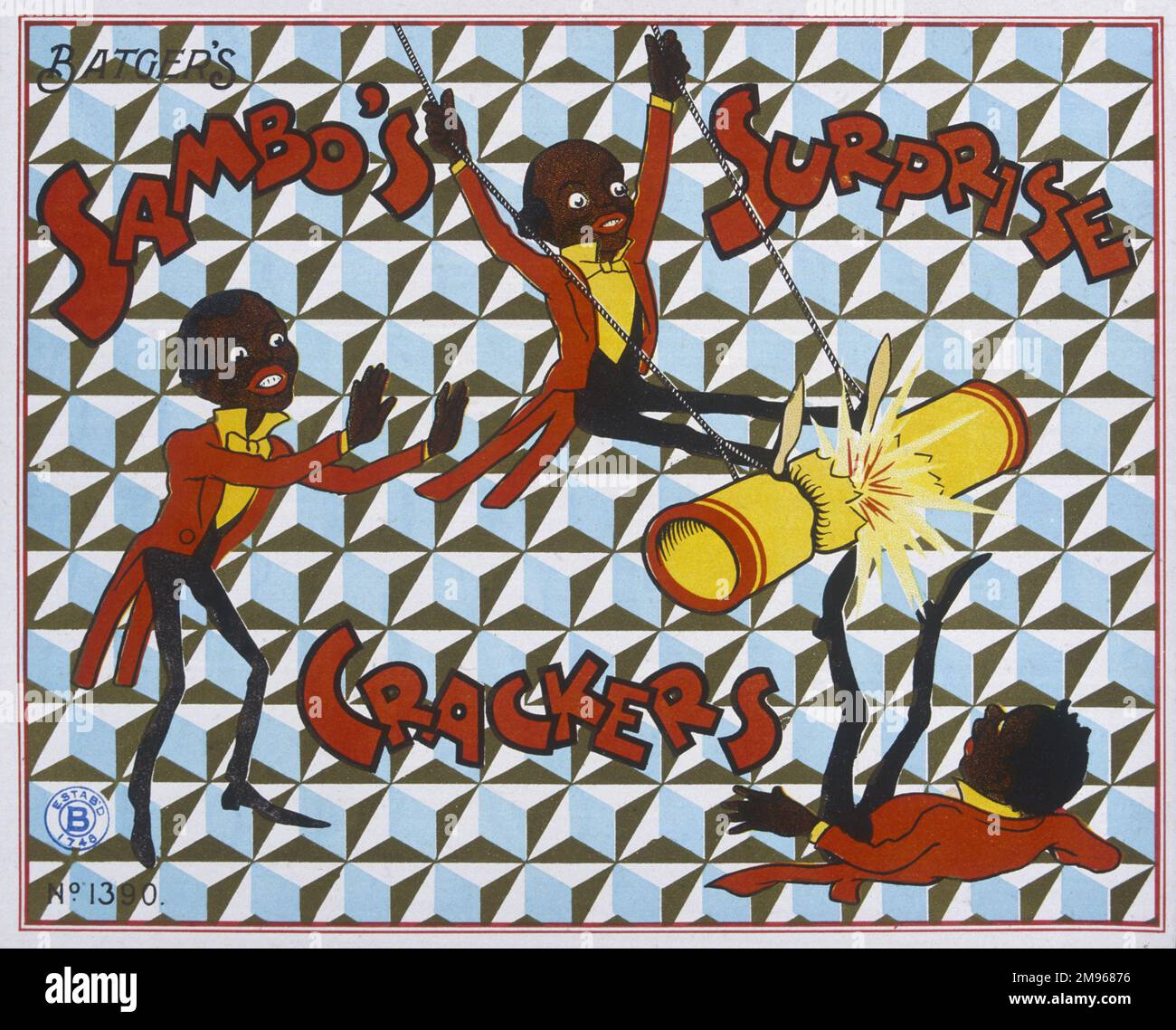 Christmas cracker box label featuring three black trapeze artists Stock