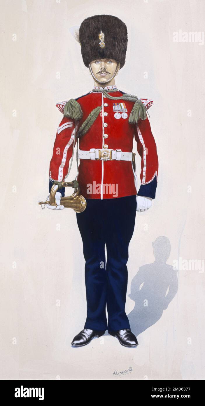 Corporal - drummer. Royal Welsh Fusiliers (1903-4) in Full dress. Painting by Malcolm Greensmith Stock Photo