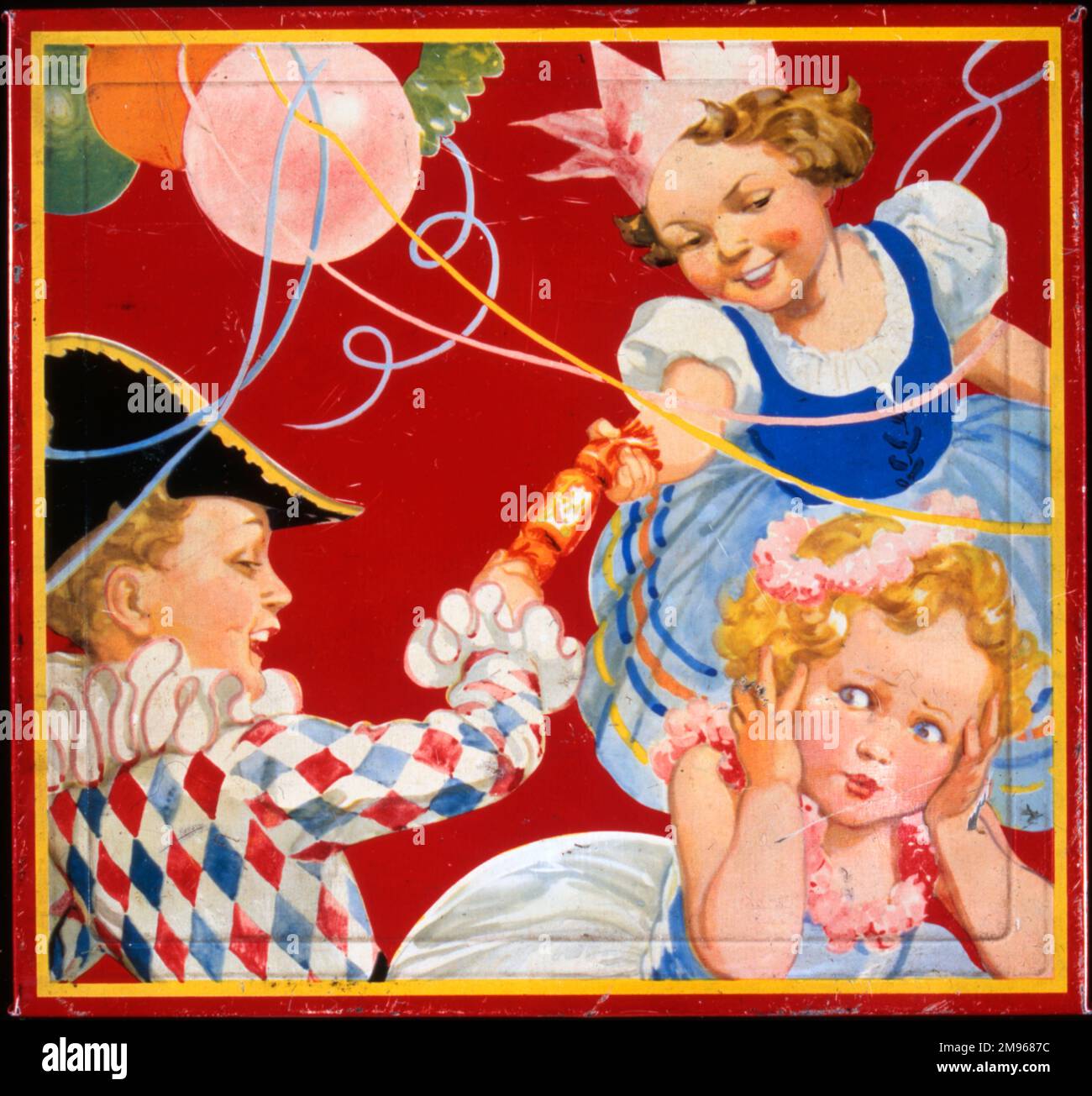 A jolly design for a box of Christmas crackers featuring three children; two are taking wicked enjoyment in pulling a cracker and frightening an innocent looking little blonde girl. Stock Photo
