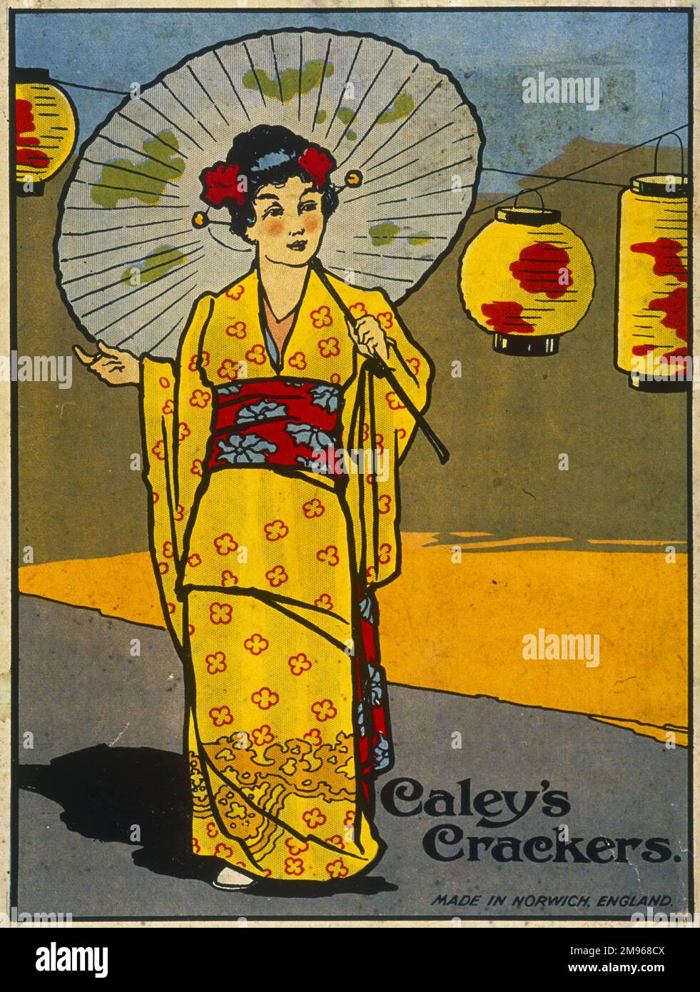 Colourful label for a Christmas cracker box featuring a Japanese lady