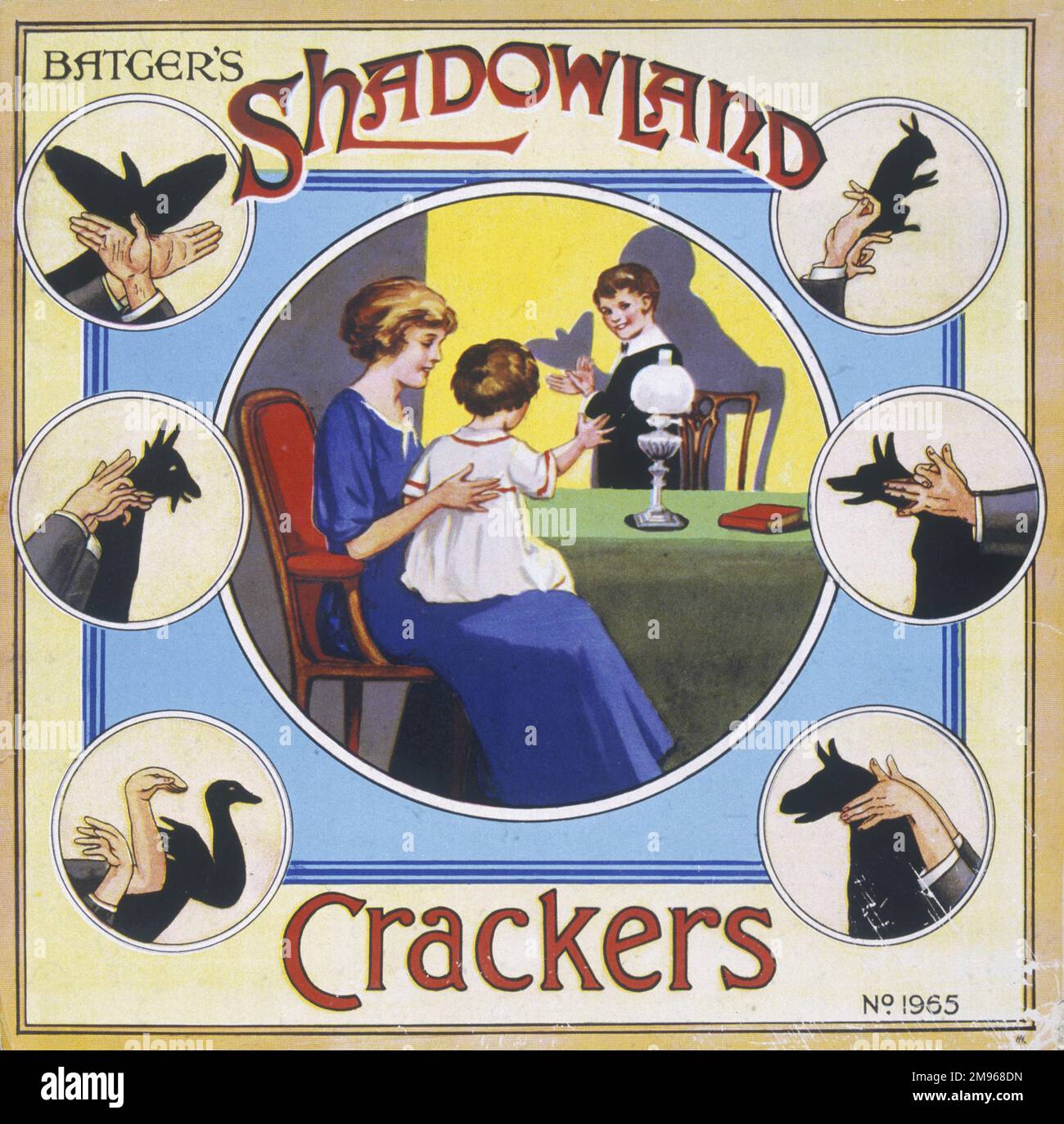 Label for a box of Batgers Shadowland Christmas crackers with instructions on how to make various hand shadow animals. Stock Photo
