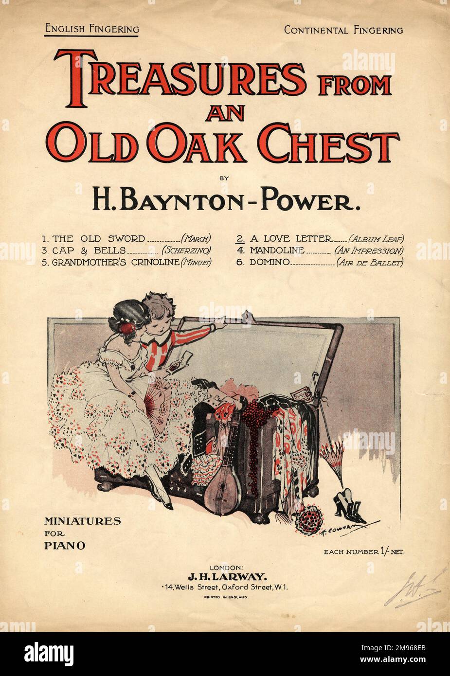 Cover design for a book of piano music for children, Treasures from an Old Oak Chest, Miniatures for Piano by H Baynton-Power.  There are six pieces in total: The Old Sword (a march), Cap & Bells (scherzino or little scherzo), Grandmother's Crinoline (minuet), A Love Letter, Mandoline, and Domino (air de ballet).  Two children, a girl and a boy, are depicted looking through the contents of the chest. Stock Photo