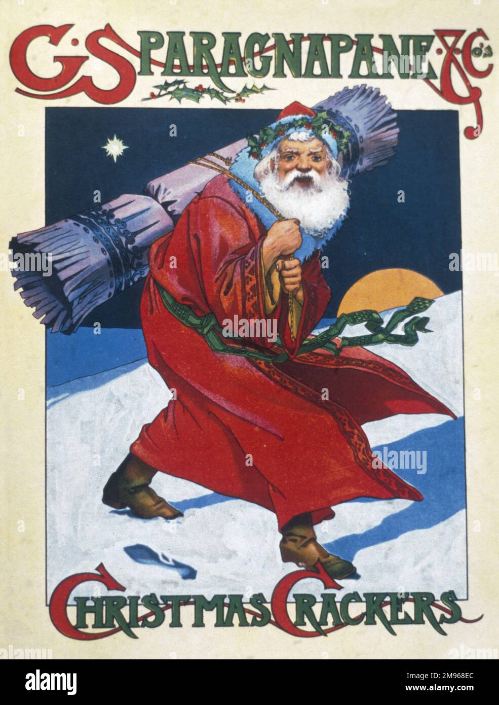 Advertisement for Sparagnapane's Christmas crackers depicting Father Christmas trudging through the snow accompanied by a huge floating cracker. Stock Photo