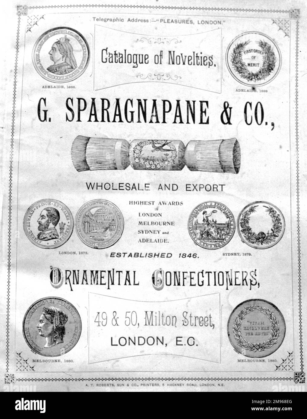 Catalogue cover for G Sparagnapane and Co, ornamental confectioners and manufacturers of Christmas crackers. Stock Photo