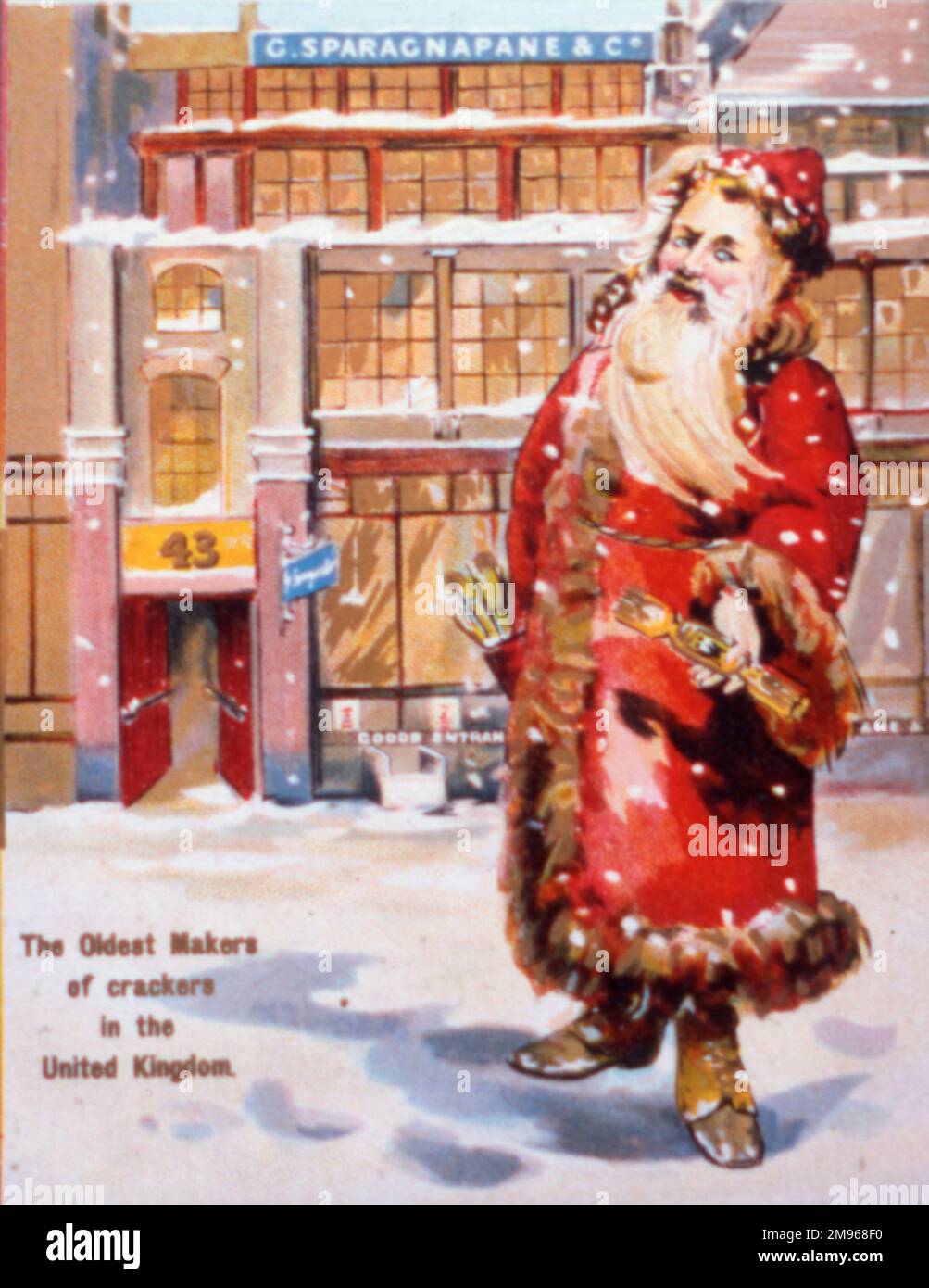 Advertisement for Sparagnapane's Christmas crackers, claiming to the oldest manufacturer of crackers in the United Kingdom, a fact confirmed by Father Christmas who stands in the snow pointing out their offices in London.