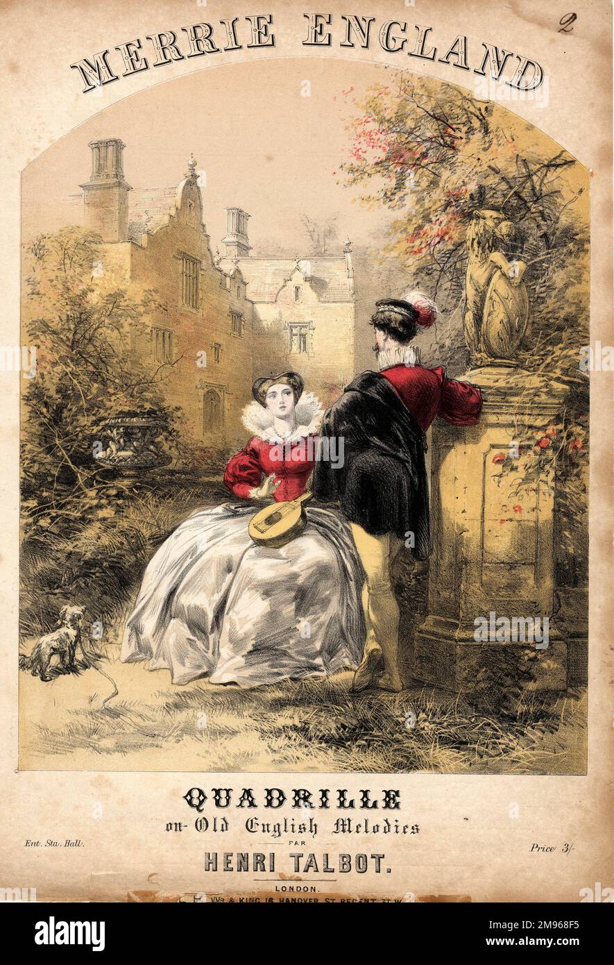 Music sheet cover for Merrie England Quadrille on Old English Melodies, by Henri Talbot.  An Elizabethan couple are depicted in the garden of a grand country house.  The lady is sitting with a mandolin in her lap, as if ready to play, while the man leans against a stone monument. Stock Photo