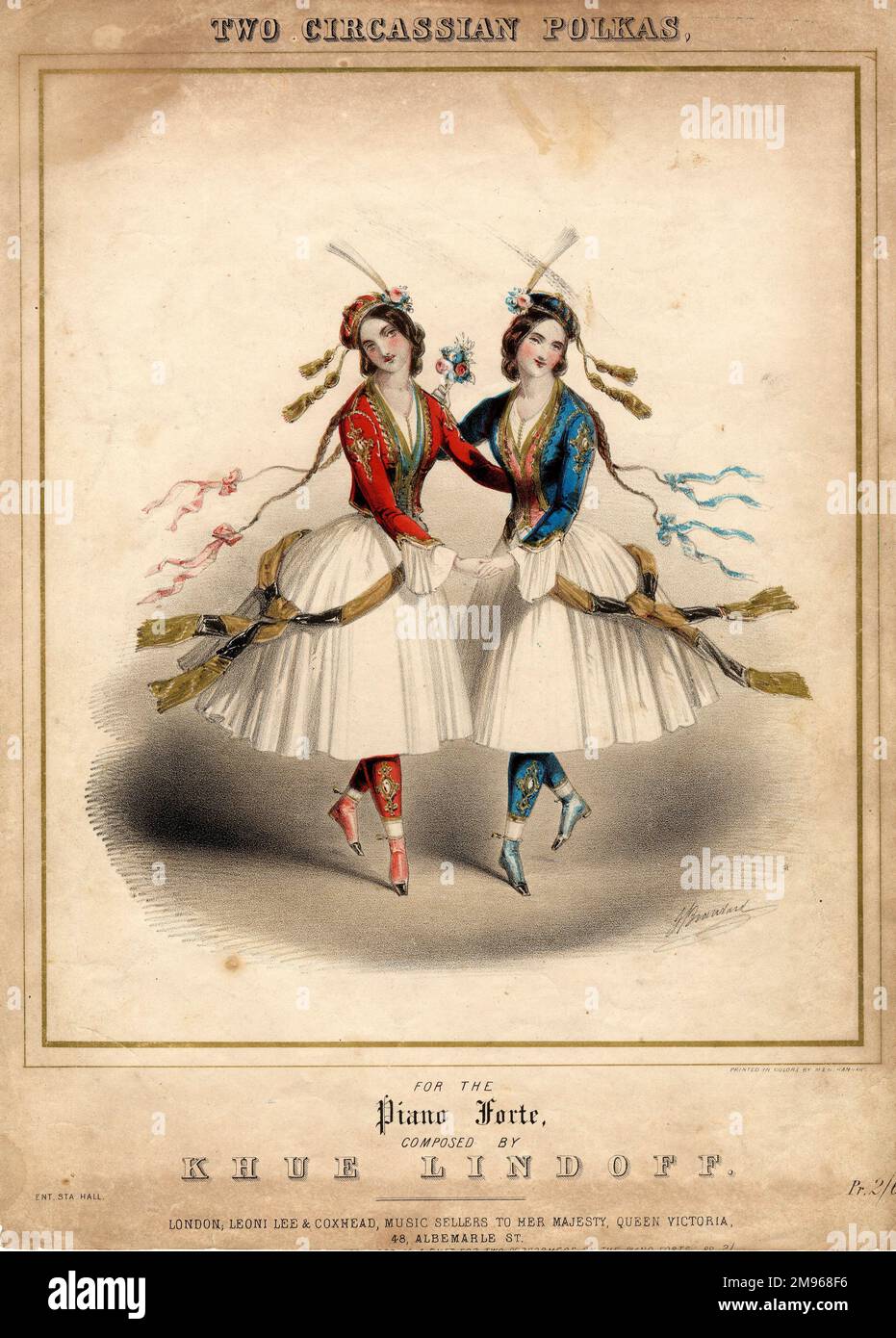 Music cover for Two Circassian Polkas, piano pieces composed by Khue Lindoff.  Two women of the northern Caucasus are depicted in traditional costume, one in red and white, the other in blue and white, dancing together. Stock Photo