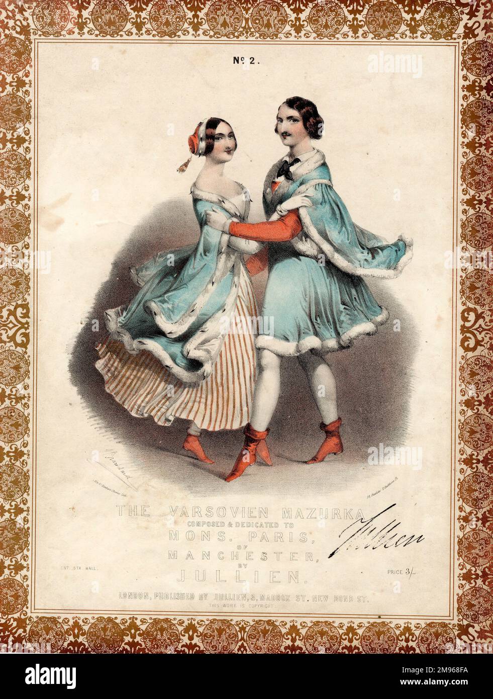 Music cover for The Varsovien (or Varsovian) Mazurka, composed by Louis Antoine Jullien (1812-1860), and dedicated to Monsieur Paris of Manchester.  A couple from Warsaw, Poland, are depicted in traditional costume dancing the mazurka, a national Polish folk dance. Stock Photo