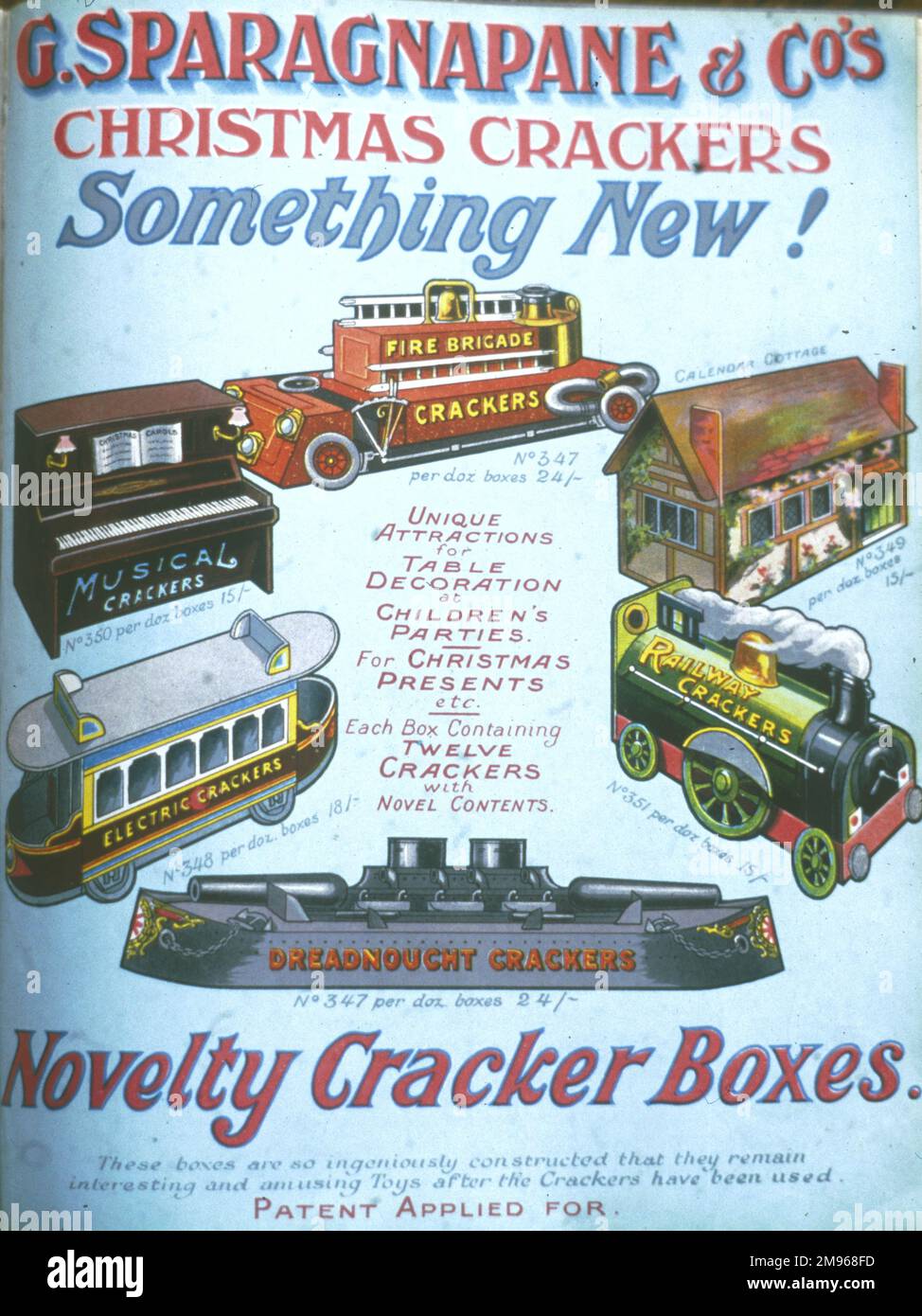 Page from a catalogue advertising the various ingenious novelty Christmas cracker boxes available from G Sparagnapane and Co in the form of a piano, cottage, tram, submarine, train and fire engine. Stock Photo