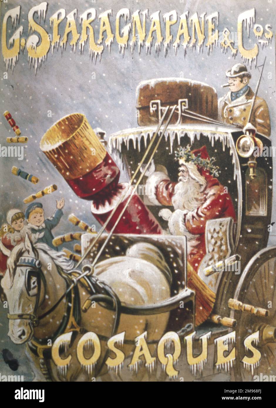 Advertisement for Sparagnapane's Christmas crackers featuring Father Christmas riding through the snow in a horse and carriage with a huge cracker in front of him.  He distributes (much smaller)crackers to children as he passes by. Stock Photo