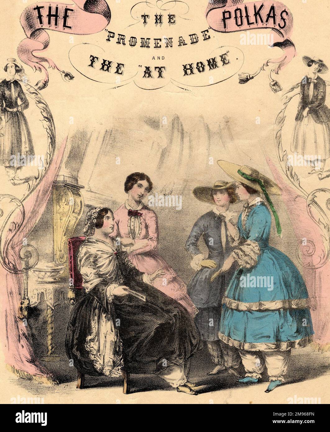 Music cover for The Promenade and At Home Polkas, depicting two young ladies on the right about to go out for a walk, in wide-brimmed straw hats and bloomers, and a mother and daughter on the left who are staying at home because visitors are expected. Stock Photo