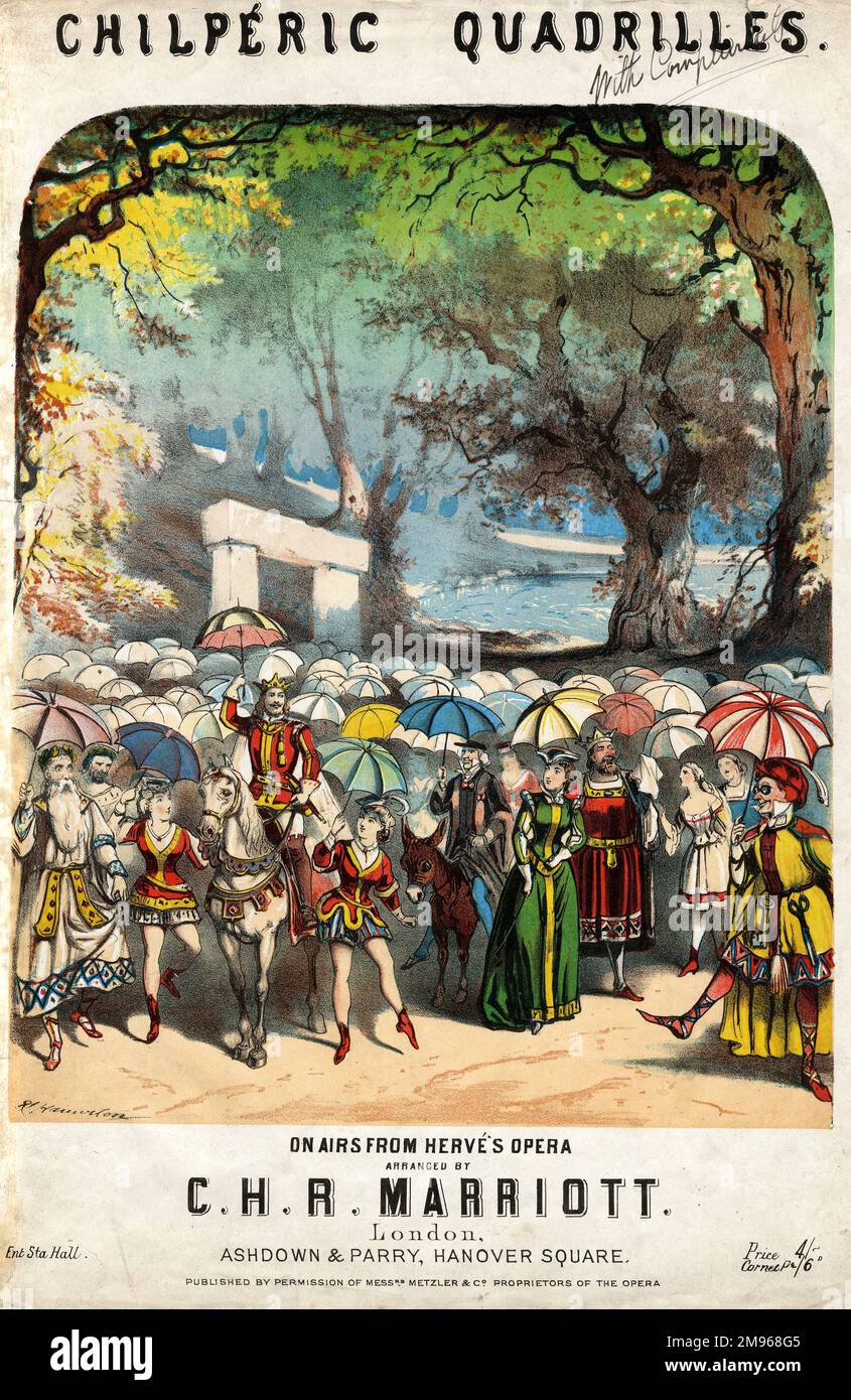 Music cover for the Chilperic Quadrilles, based on airs from Herve's opera buffa (or operetta) Chilperic, arranged (probably for piano) by C H R Marriott.  Herve's Chilperic was a medieval burlesque, as can be seen from the crowd of people in medieval dress, with rather modern-looking umbrellas.  It was based on the story of the Merovingian King Chilperic I (ruled 561-584).  After launching in Paris in 1868, the operetta was put on at the Lyceum Theatre in London in 1870. Stock Photo