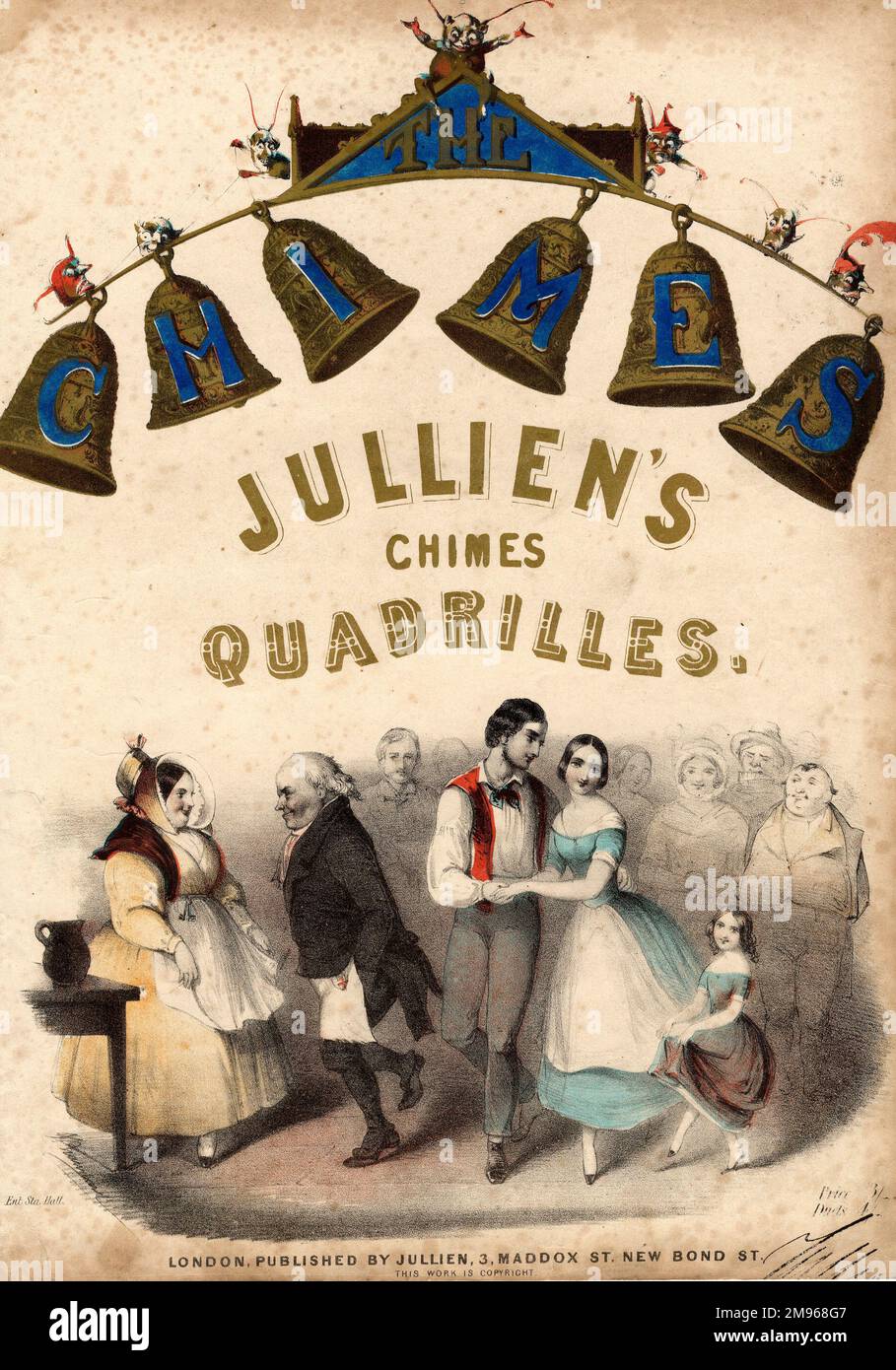 Cover design for a music sheet containing the French conductor Louis Antoine Jullien's Chimes Quadrilles, building on the success of Charles Dickens' second Christmas book, The Chimes, first published in 1844.  A typical Dickensian scene is depicted, with people dancing and making merry during the festive season.  There is a set of six large bells at the top, with goblins perched on them and looking down at the people. Stock Photo