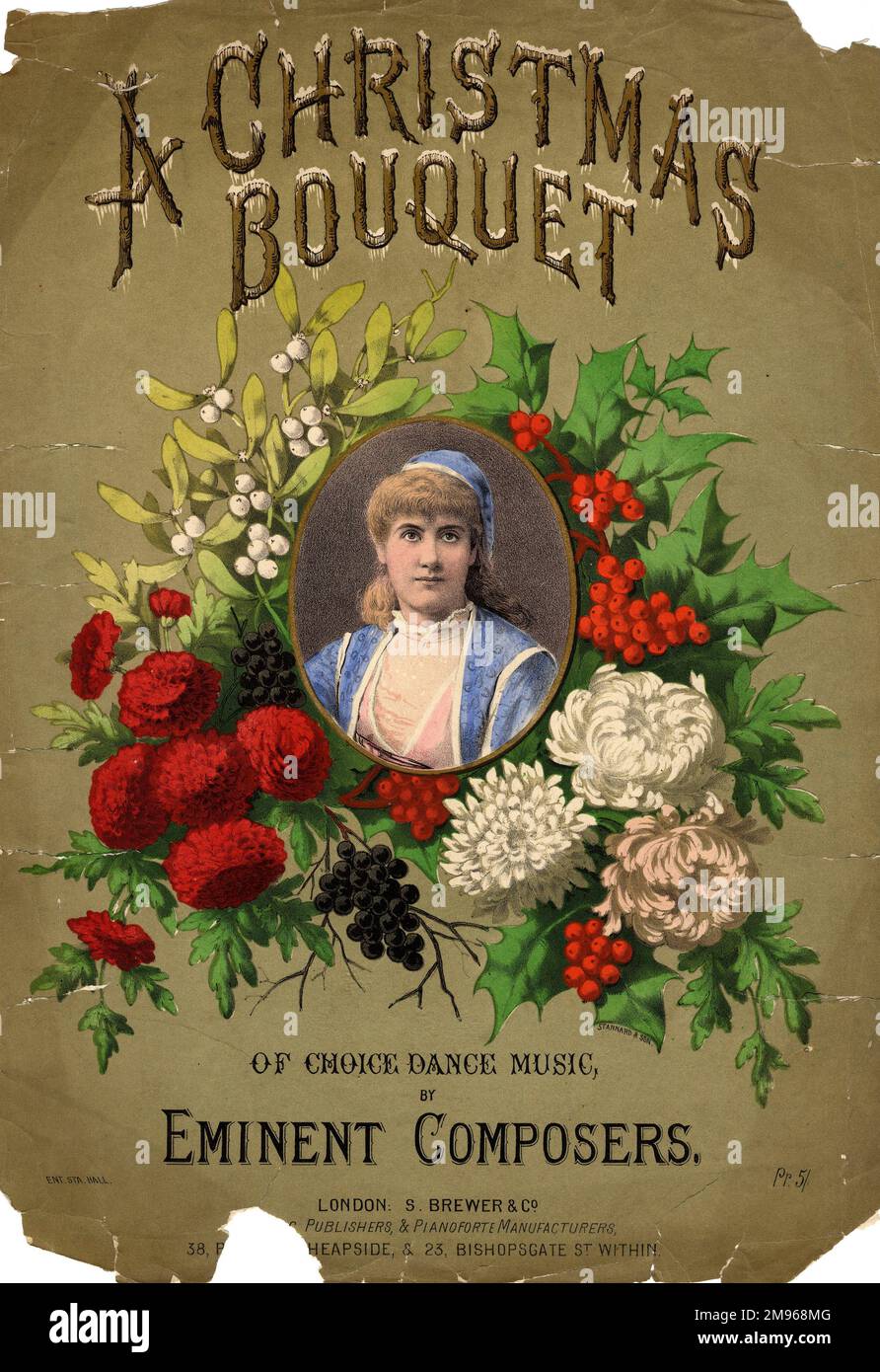 Music cover for A Christmas Bouquet of Choice Dance Music, by Eminent Composers.  A cameo picture of a young woman in folk costume is surrounded by holly, mistletoe and flowers, against a gold background. Stock Photo