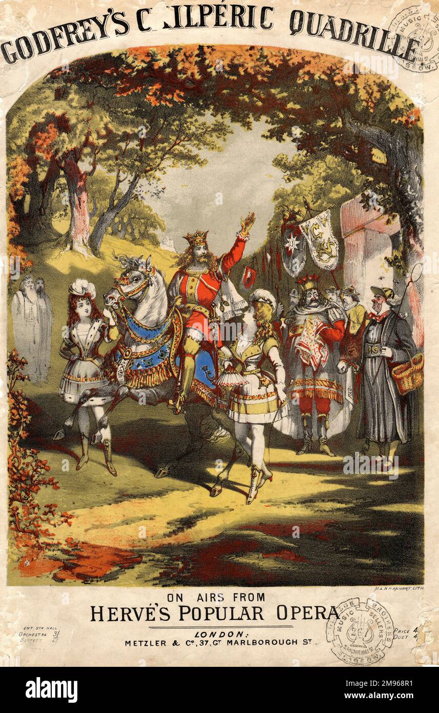 Music cover for Charles Godfrey's Chilperic Quadrille, based on airs from Herve's popular opera buffa (or operetta) Chilperic. Herve's Chilperic was a medieval burlesque, based on the story of the Merovingian King Chilperic I (ruled 561-584). After launching in Paris in 1868, the operetta was put on at the Lyceum Theatre in London in 1870.  The heroic-looking king is depicted on horseback, led by two ladies in short skirts.  There are various other figures, including a man with a bad cold, a butterfly collector and two druids. Stock Photo