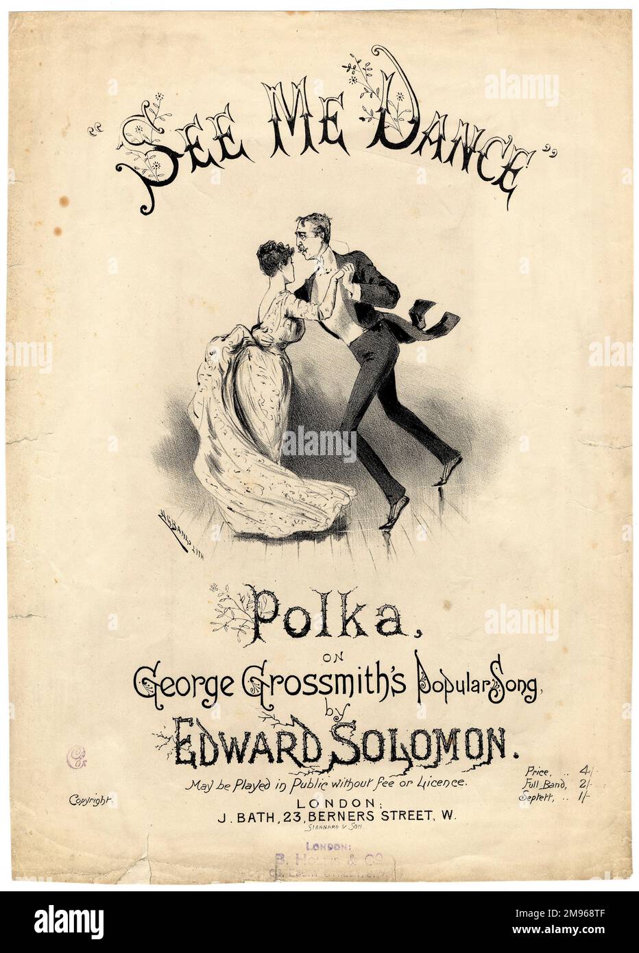 Music cover for See Me Dance the Polka, based on George Grossmith's popular song, arranged by Edward Solomon (1855-1895).  George Grossmith (1847-1912) was an English comedian, writer, composer, actor, and singer.  He was famous for performing his own comic piano sketches and songs, including this one, which he wrote in 1886, and which is still known today.  A couple are depicted dancing the polka -- the man looks very much like Grossmith himself. Stock Photo